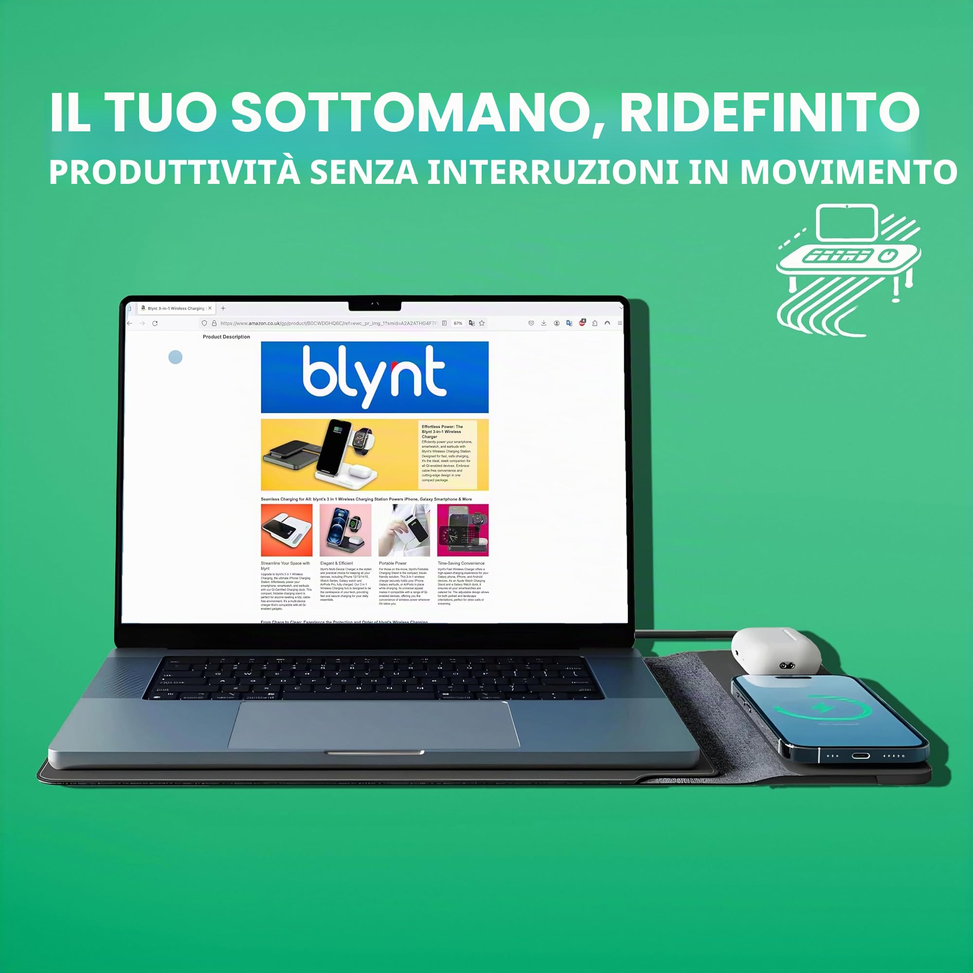 Custodia per laptop con ricarica wireless, custodia in pelle 4 in 1, tappetino per mouse e deskpad, ricarica rapida per telefoni e auricolari, protegge il computer portatile, compatibile con laptop da