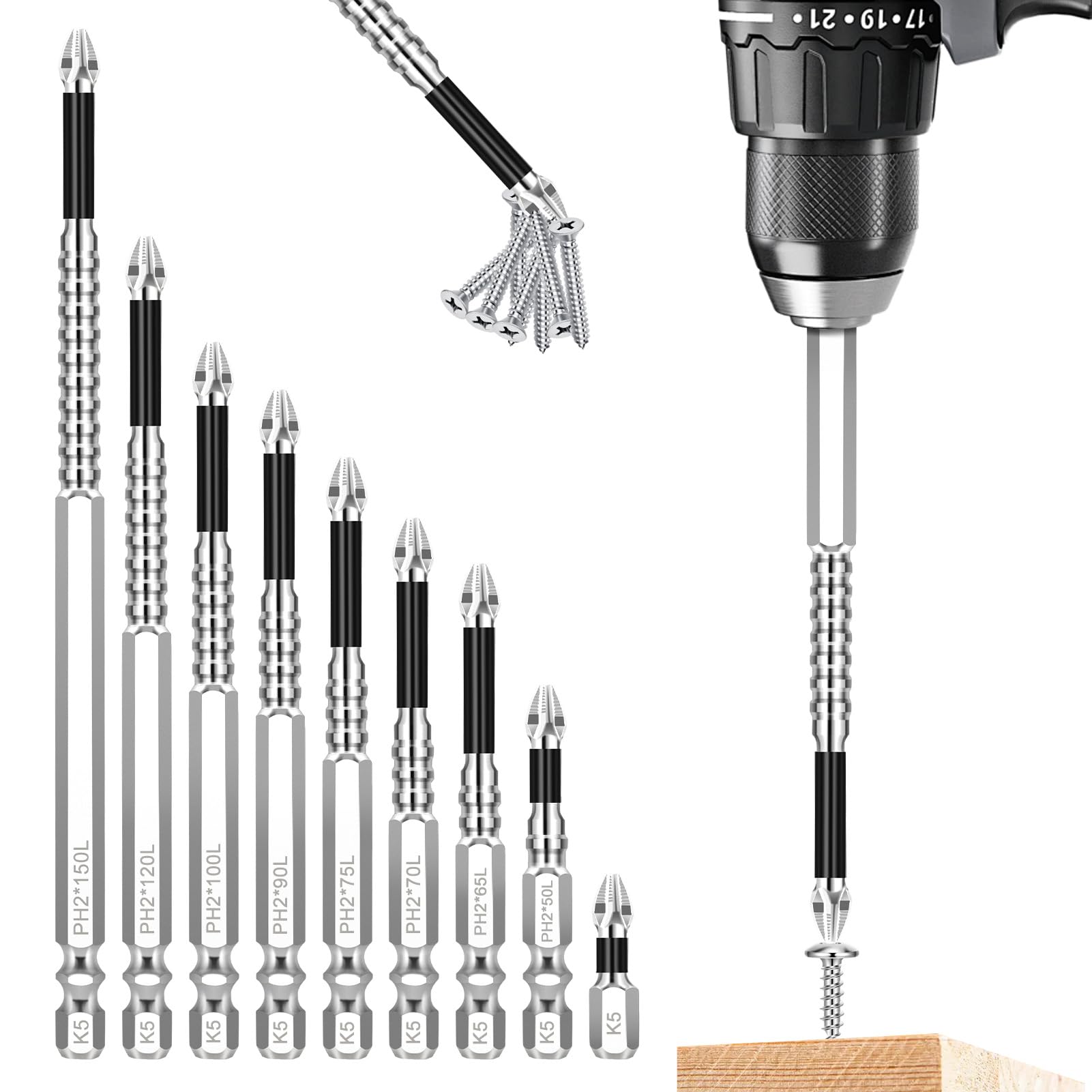 9 stuks high-magnetische schroevendraaierbitset, zeer magnetische schroevendraaier-boorbitset, nauwkeurige anti-slip Phillips bits voor elektrische boren (25, 50, 65, 70, 75, 90, 100, 120, 150 mm