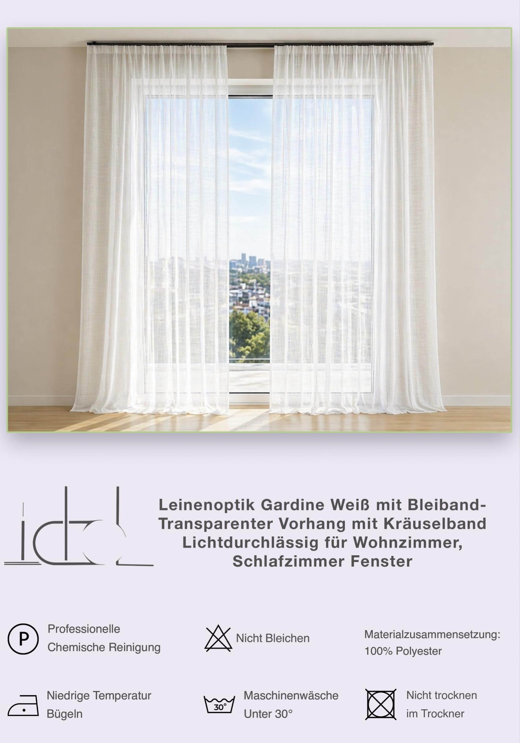 IDOL Leinenoptik Gardine Weiß mit Kräuselband Bleiband – Halbtransparenter Vorhang für Gardinenschienen Schienensysteme, Lichtdurchlässig mit Sichtschutz, für Wohnzimmer Schlafzimmer(HxB 240x300 cm)