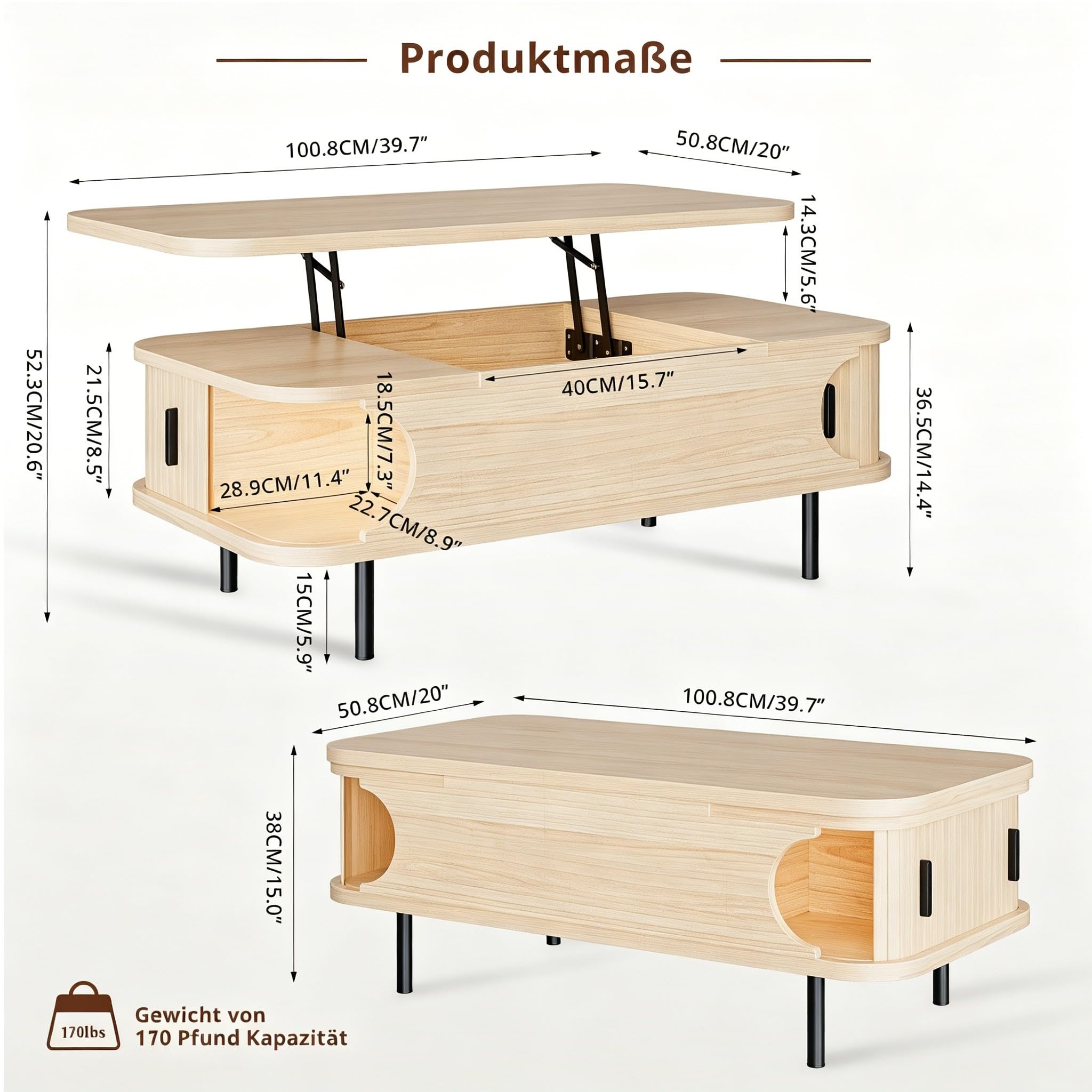 IRONCK Couchtisch höhenverstellbar, Wohnzimmertisch mit Stauraum, Holz Kaffeetisch mit Schiebetüren, verstecktes Fach, offenes Fach, für kleine Räume, Wohnzimmer, Homeoffice, 101x51x52cm, Eiche Hell