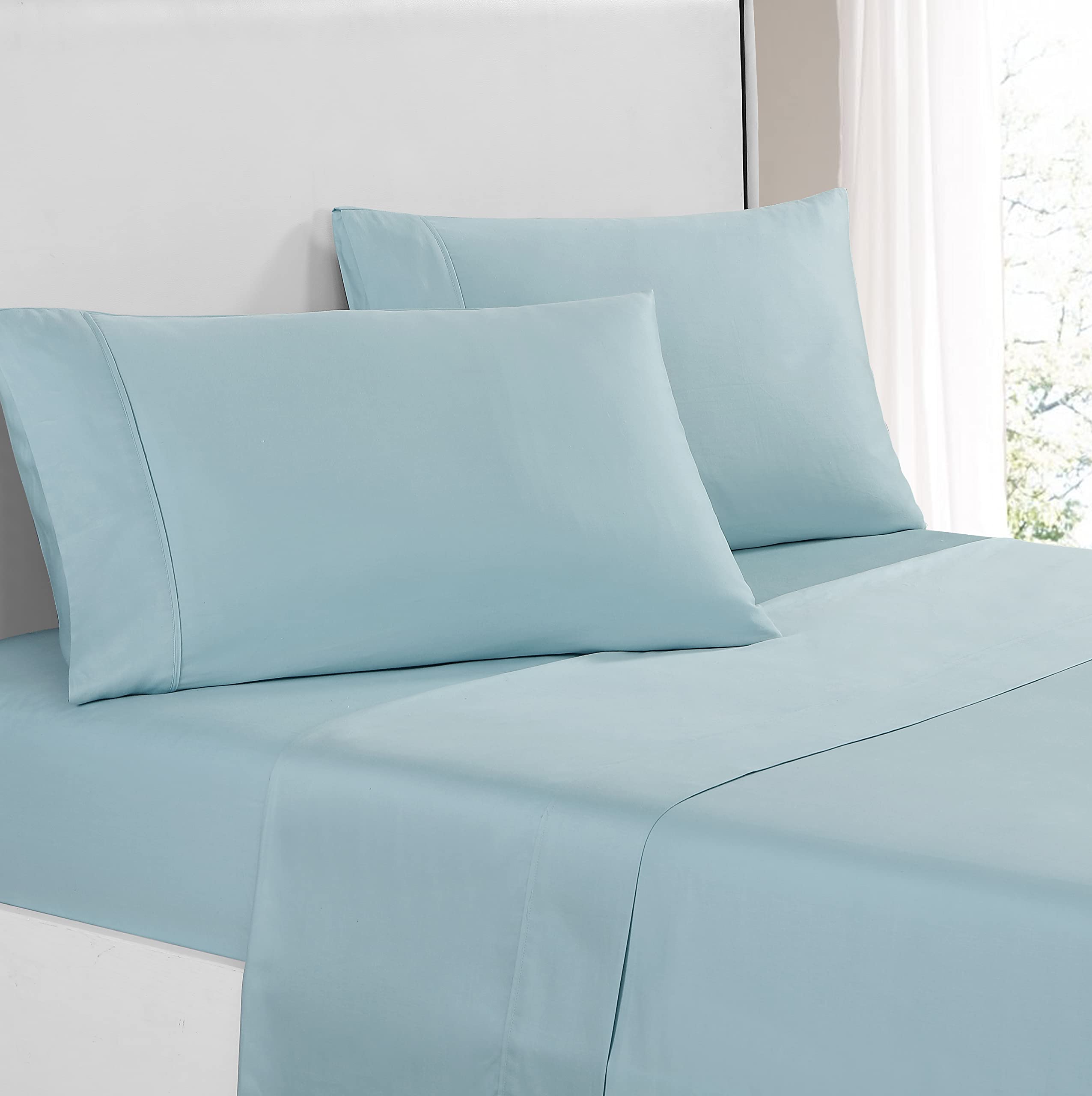 Harbor HomeSolid Collection | Blue 300-Thread Count Soft Cotton Sheet Set, King, 4 Pieces