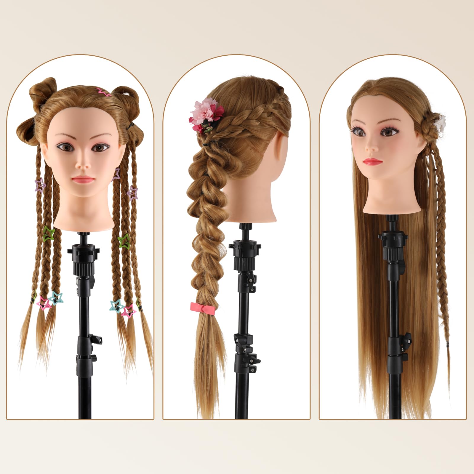 Cabeza maniquí Cabeza Peluqueria 100% de cabello sintéticas Cabeza Practica Peluqueria cabeza de muñeca con Soporte de Mesa + Accesorios de Peinado