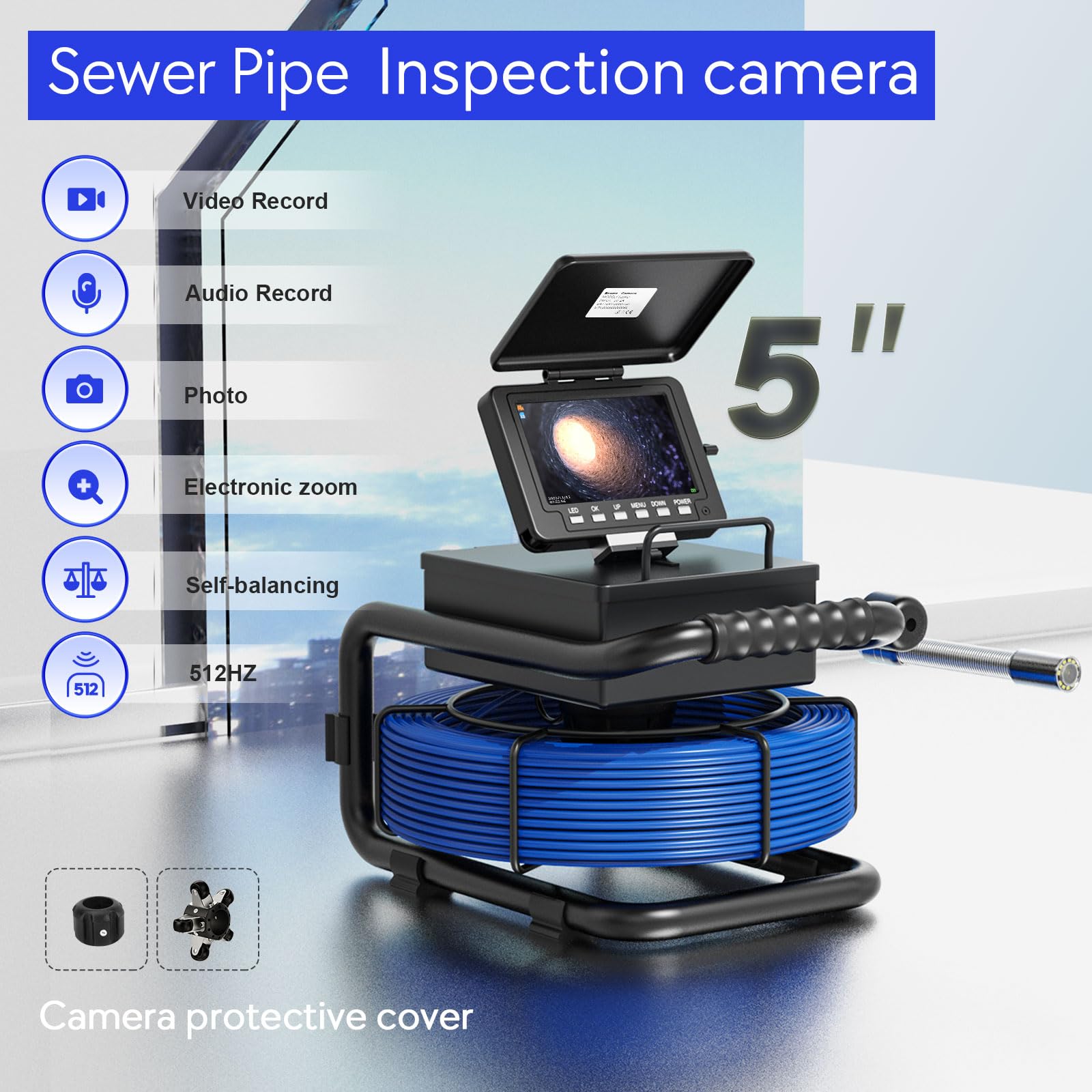 Cámara de alcantarillado endoscopio de inspección con luz de pantalla de 5 pulgadas, cámara de fontanería impermeable para fontaneros, propietarios de viviendas (con localizador-30 m)