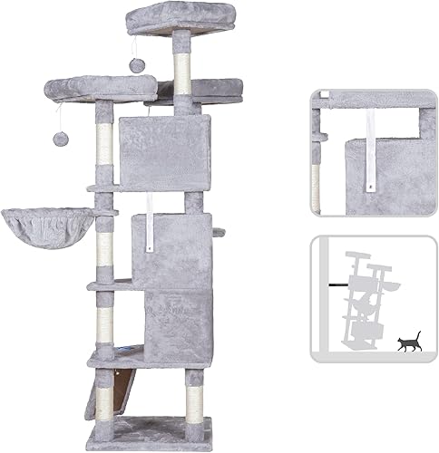 Miniatura 4 de Hey-brother MPJ032-SW - Árbol para gatos de tamaño XL, torre para gatos de 67.7 pulgadas con 3 cuevas, 3 perchas acogedoras, postes rascadores,