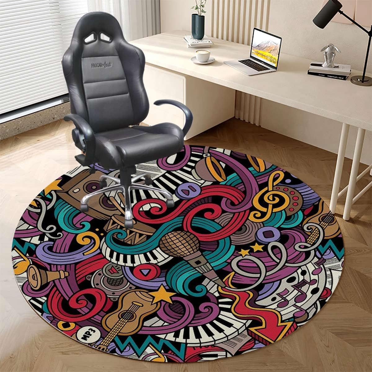 Coral Purple PU Leather Computer Gaming Rolling Chair Mat Hipster Music HDrawn for Carpet Desk Chair Mat Computer Chair Mat Floor Protector for Office Gaming Room Modern Style Diameter 35.4 in