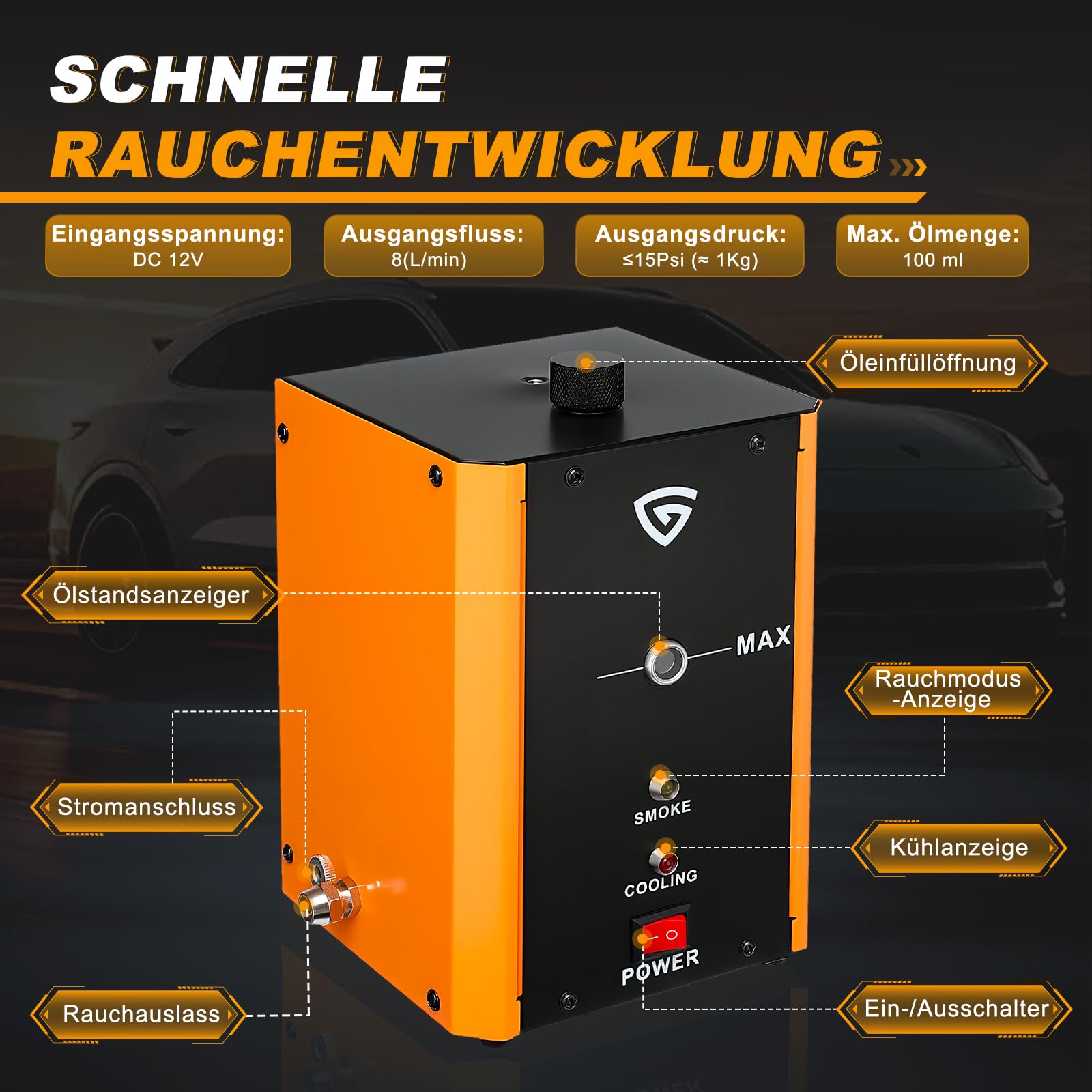 GEARMONSTER Nebelmaschine KFZ Rauchmaschine Lecksuchgerät mit Eingebaute Luftpumpe, DC 12V Rauch Maschine für Autos, Motorräder, Leicht-LKWs, Boote, ATV, Schneemobile