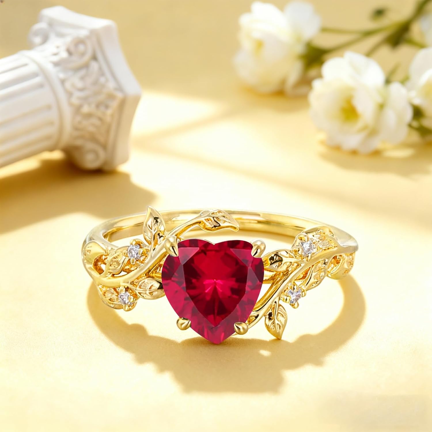 1-3 Carat Heart Cut Gemstone and Moissanite Wedding Ring 10K 14K 18K Solid Gold Birthstone Promise Rings 925 Sterling Silver Nature Inspired Leaf Rings Gemstone Engagement Ring for Women - Image 3