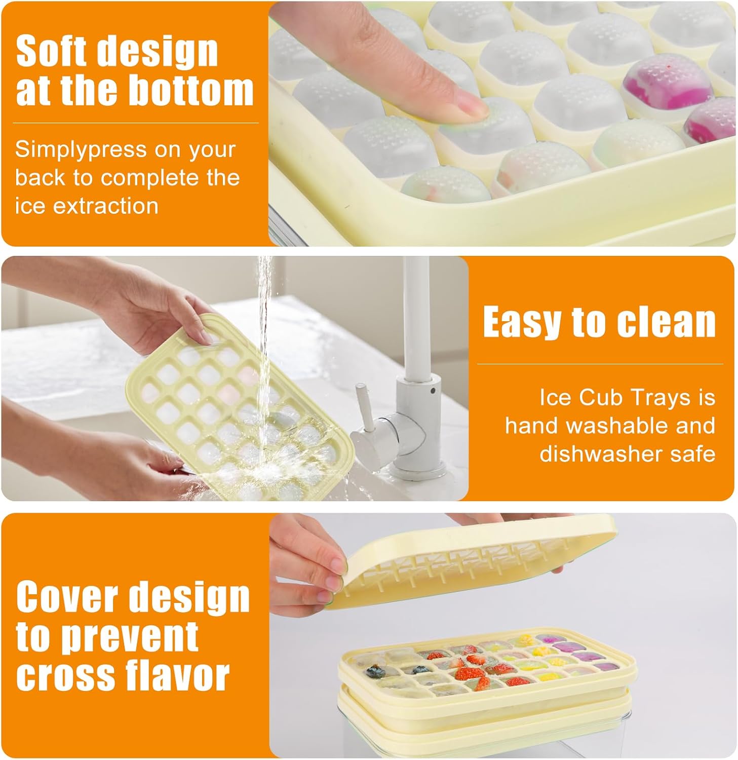 Ice Cube Tray with Lid and Bin and Ice Scoop, 2 Trays for 56 Ice Cubes, BPA Free, Easy Release, Stackable, Spill-Resistant, Cream Yellow