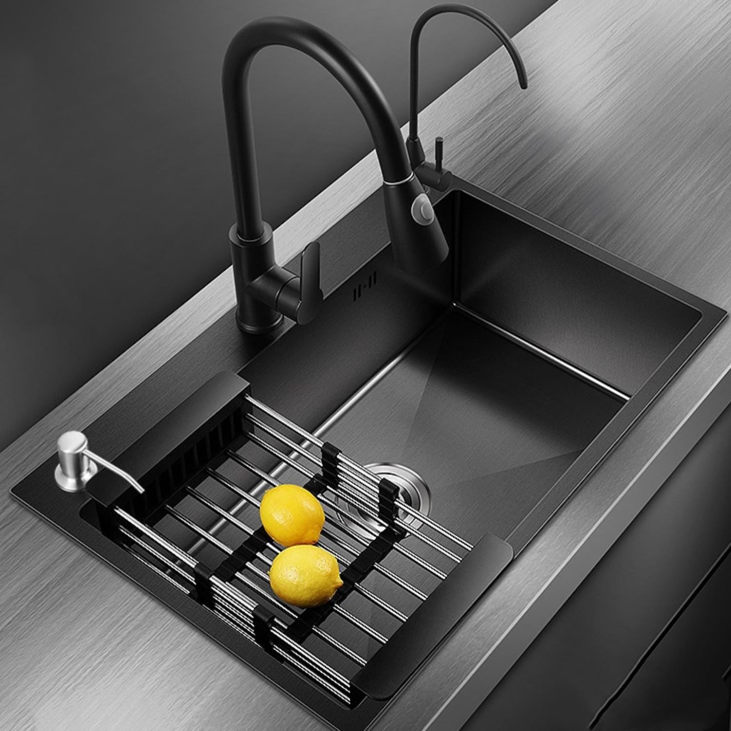 HaTur Kitchen Sink Workstation Ledge Sink Single Bowl 60 * 45 cm Stainless Steel Sink Set with 3 Pre-drilled Holes (Black)