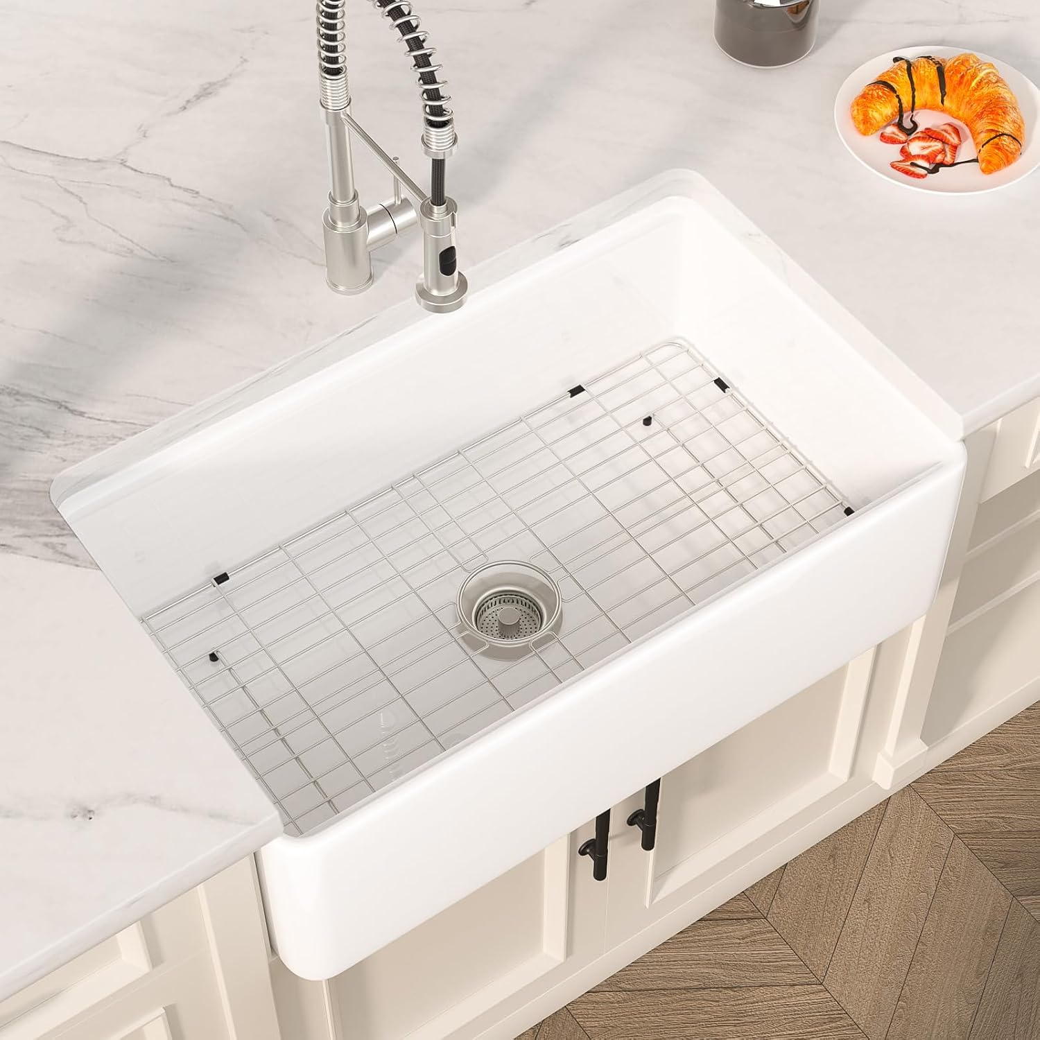 White Farmhouse Sink - 33'' x20'' Apron Front Kitchen Sink, Fireclay Porcelain Kitchen Sink, Glossy White Ceramic Farm House Style Single Bowl, 33''x20''x10''