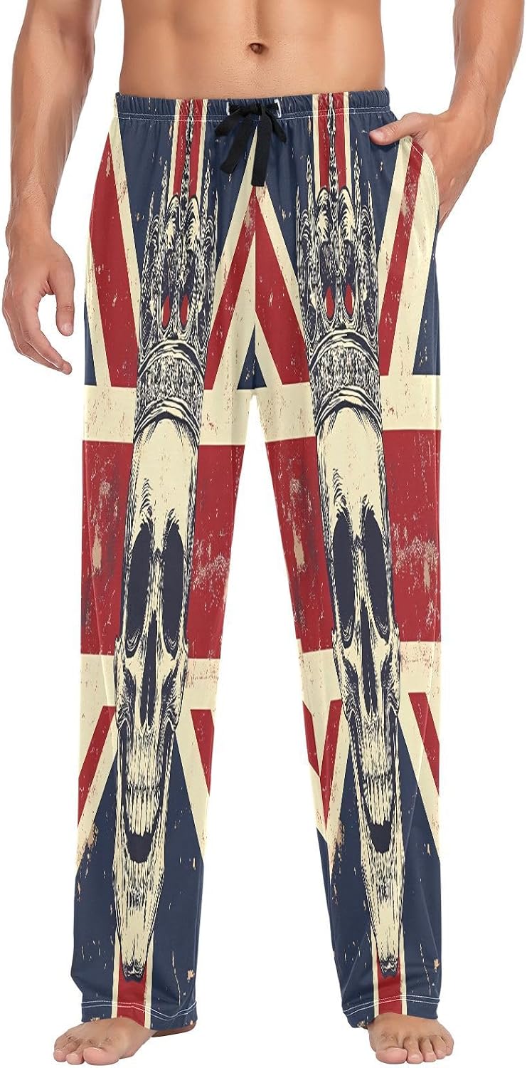 ALAZA Skull and British Flag Men's Pajama Pants Men Cotton Pajama Bottoms with Pockets, S