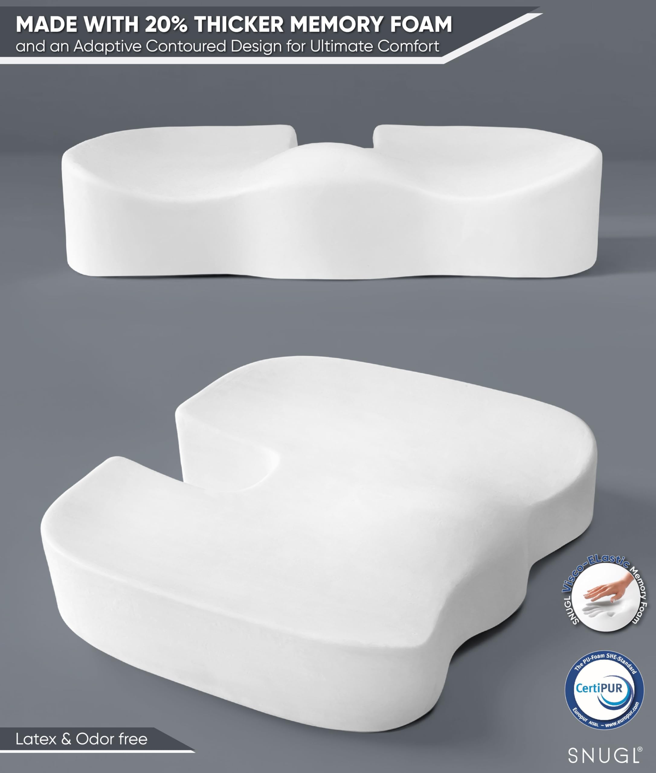 SNUGL Coccyx Seat Cushion Orthopedic Memory Foam Pillow for Desk Chair, Gaming, Wheelchair, Car Seat, Postpartum & Pregnancy, Hemorrhoids Treatment, Ergonomic Office Chair Back Support - Image 3