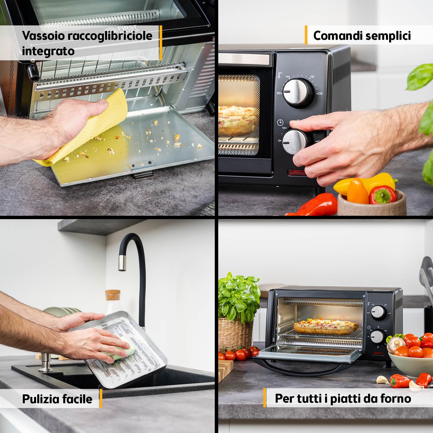 Forno Mini 10L 800W First Austria Fornetto con regolazione temperatura 230°C timer 60 min 2 altezze teglia griglia