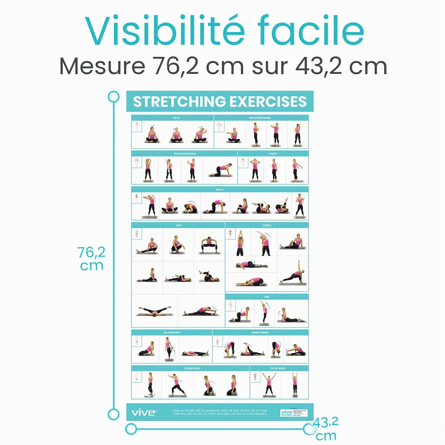Vive Poster d'exercices d'étirement – Entraînement extensible pour la rééducation, la gym, la maison – Guide d'instructions de base pour le fitness et le poids du corps – 52 exercices pré-postérieurs