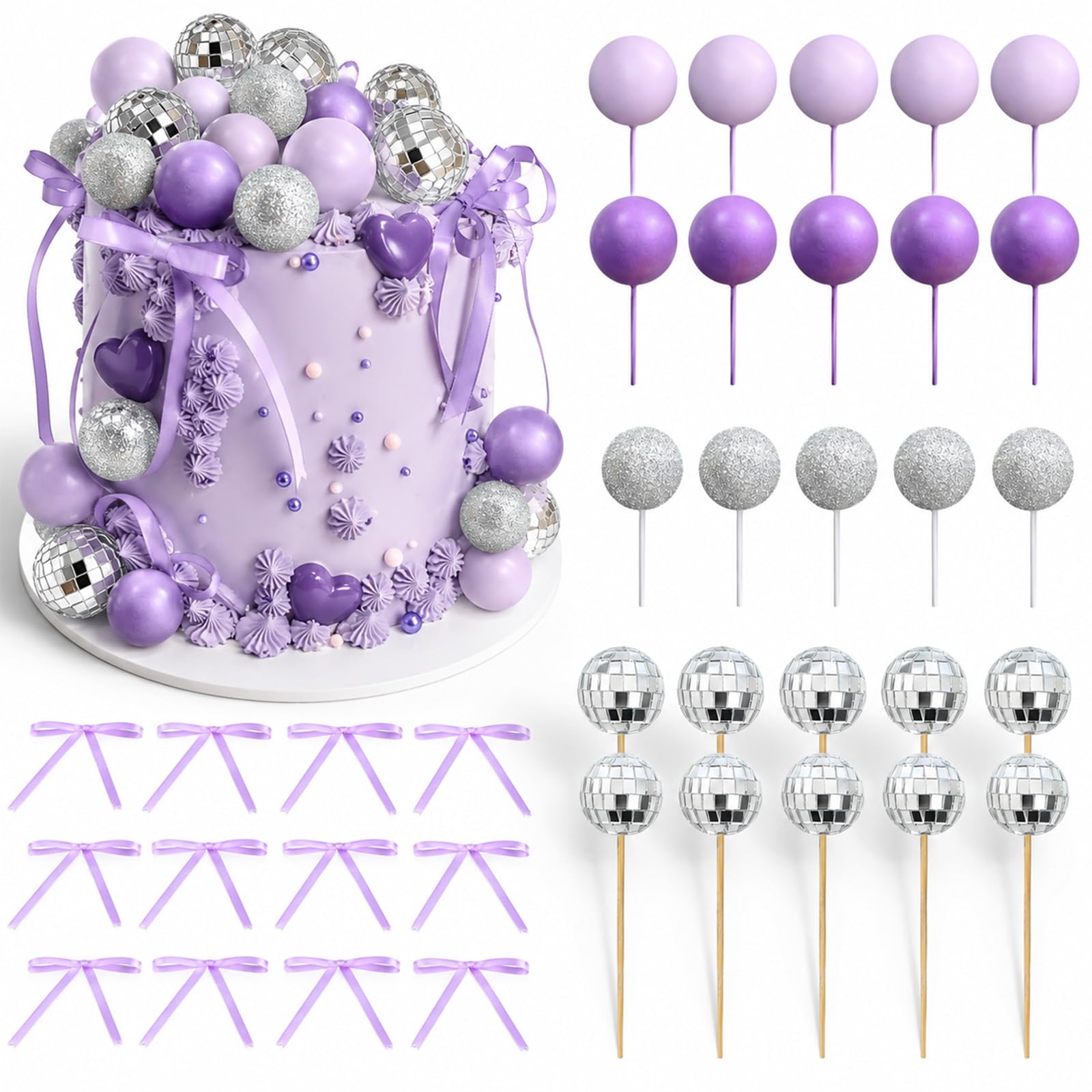 37 Pcs Disco Ball Cake Decorations, Purple Cake Balls Topper Set with Singer Stars & Purple Bow for 80s Theme Birthday Music Party Wedding Baby Shower Cake Supplies