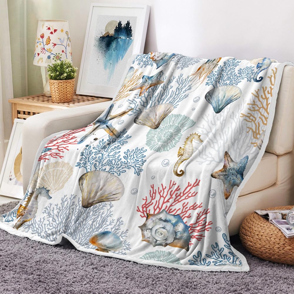Photo 1 of DZLGC Nautical Coastal Throw Blanket, Blue Ocean Beach Themed Blankets for Adults Kids Woman, Sea Starfish Seashell Coral Throws Blankets for Living Room Couch Bed Room Sofa Decor,50X60IN