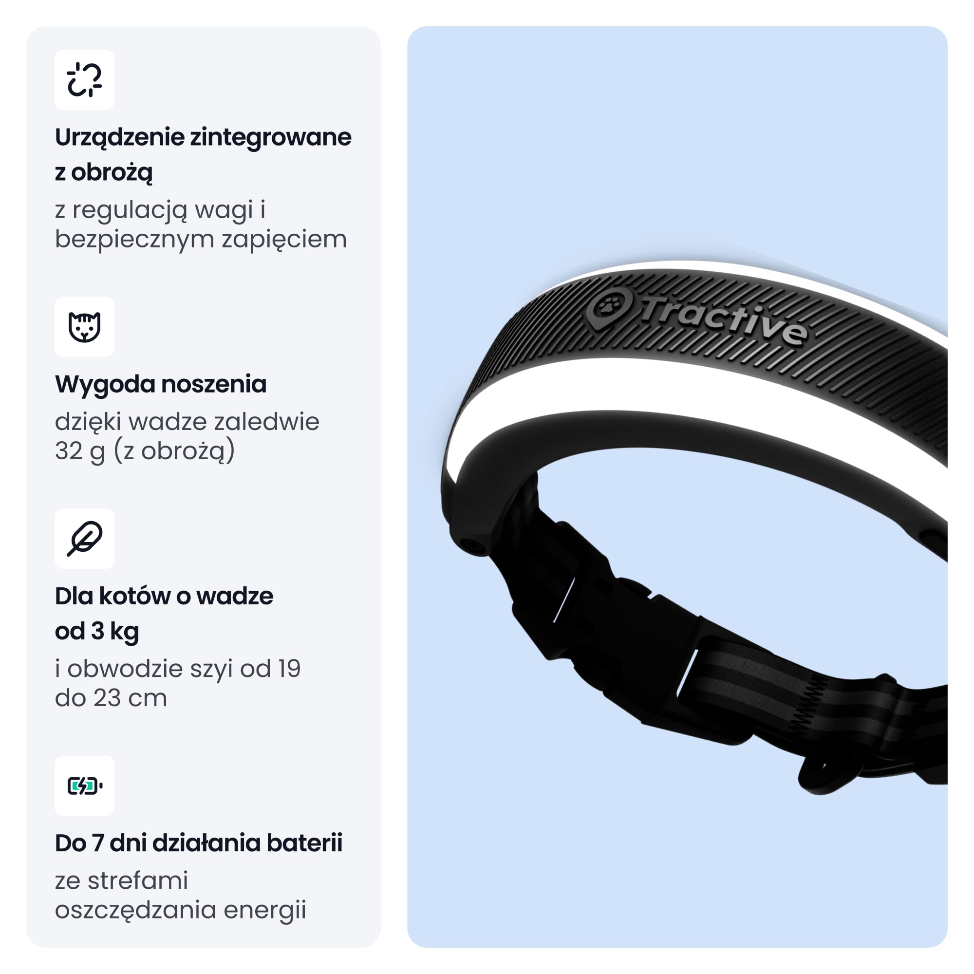 Tractive Inteligentny lokalizator GPS dla kotów Mini | model 2026 | lider na rynku | lokalizacja na żywo | ostrzeżenia zdrowotne i wartości witalne | zamknięcie bezpieczeństwa | zintegrowana obroża