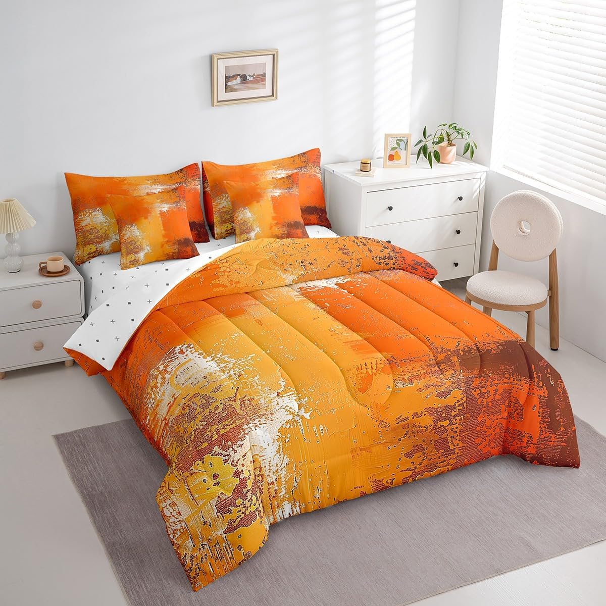 Feelyou Burnt Orange Decorative Comforter Set Full Size 7 Pieces Kids Vintage Abstract Art Bedding Set for Women Men GrungeBed in a Bag Bed Set with Comforter, Sheet Set, Pillowcases, Pillow Covers