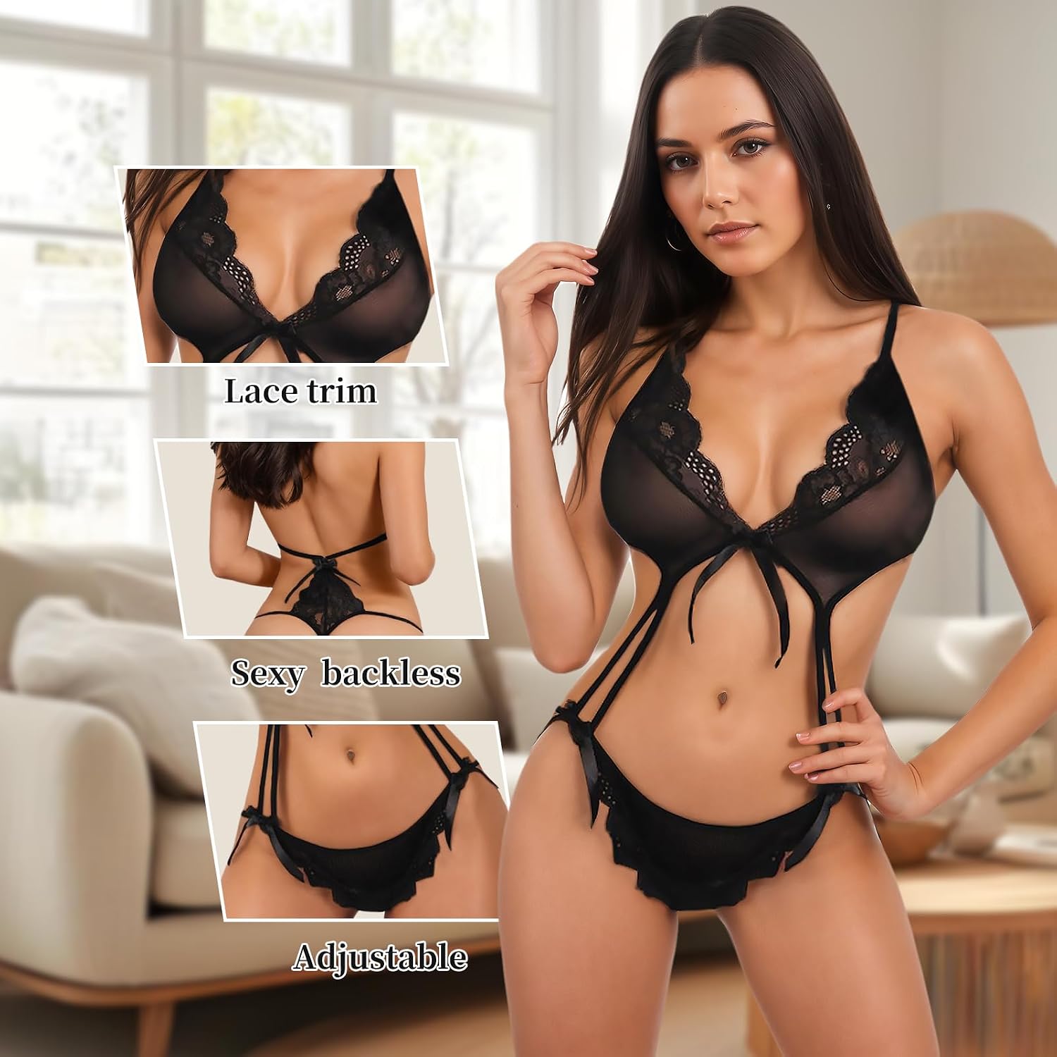 Sexy Lingerie for Women, Lace Mesh One Piece See Through Lingerie V Neck Babydoll Lingerie Thong Black Onesize 2-8