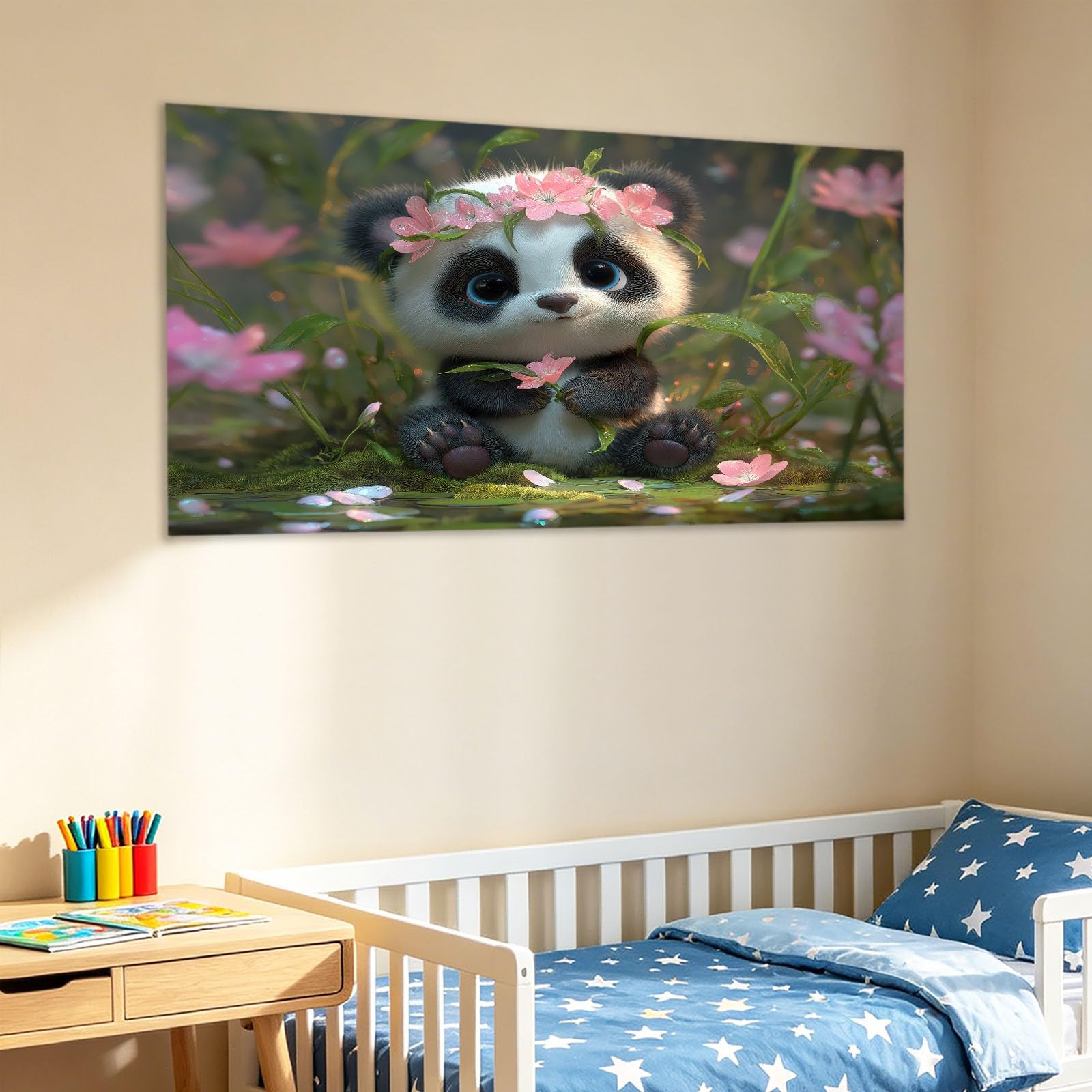 Kreskówka kwiatowa, z ramą, obrazy na płótnie, zwierzę, panda na płótnie, sztuka ścienna, nowoczesny obraz ścienny, druk artystyczny, dekoracja do salonu, sypialni, jako prezent, 120 l x 80 W cm