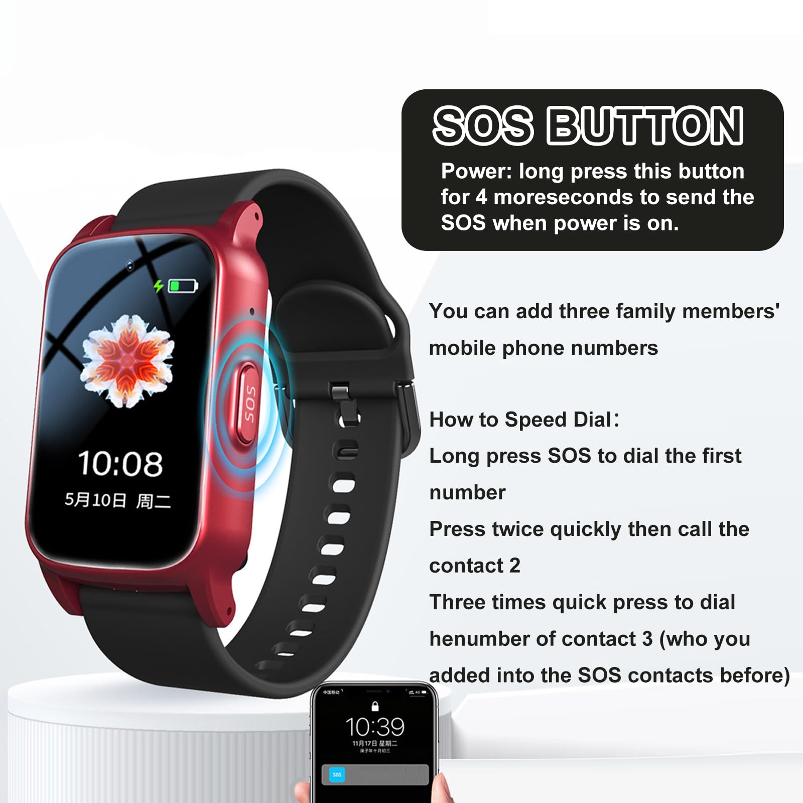 Reloj Localizador Personas Mayores, con Detección De Alertas De Caída Y Posición GPS, Botón SOS, Llamadas/Videollamadas, Pour AlzheimerRed,1.25 * 0.57 * 2.22inch