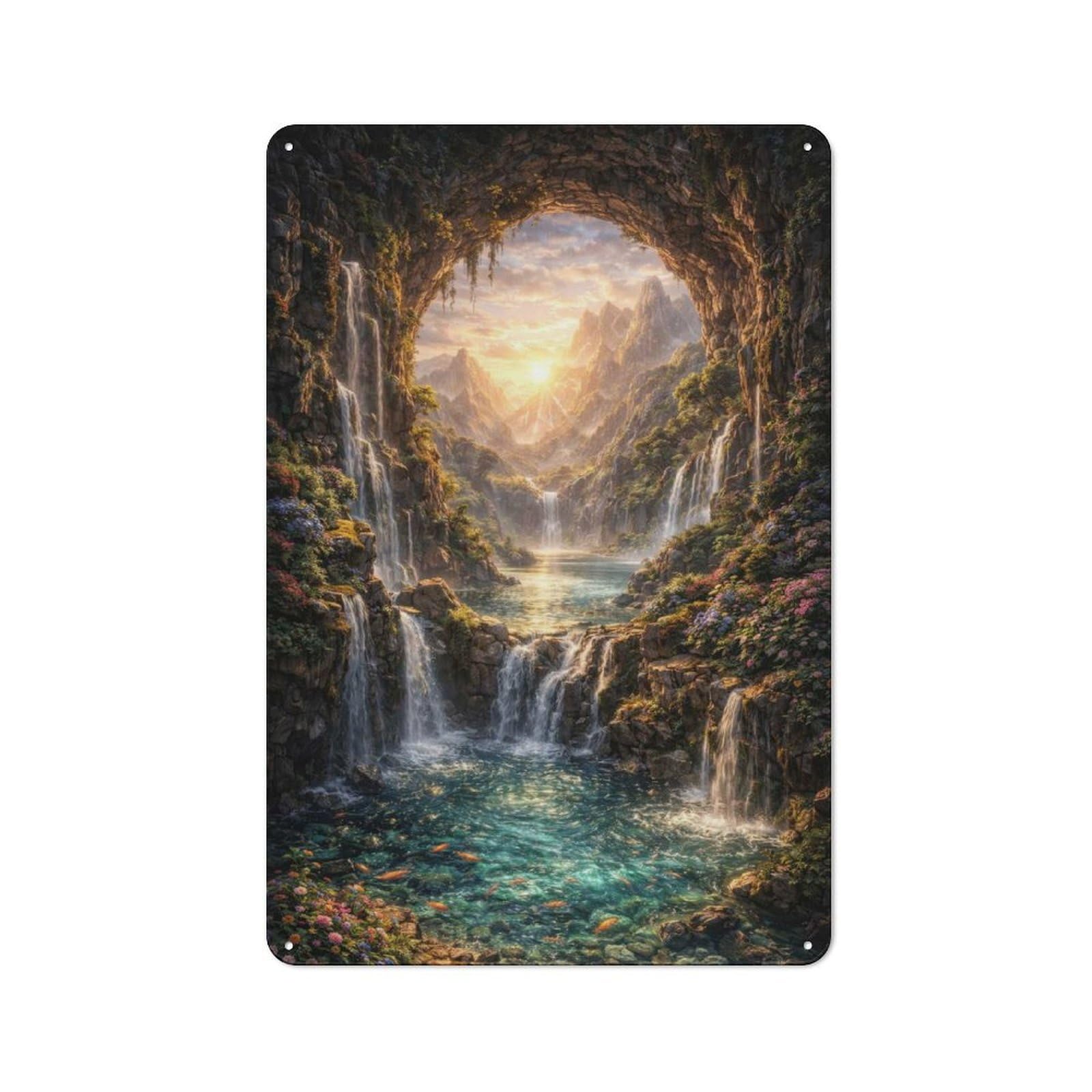 Junmoney Style-10 Waterfall Cave Landscape Vintage Metal Plaque 30X20cm For Hobby Room Or Studio, Suited To Hobby Room Decor Fans