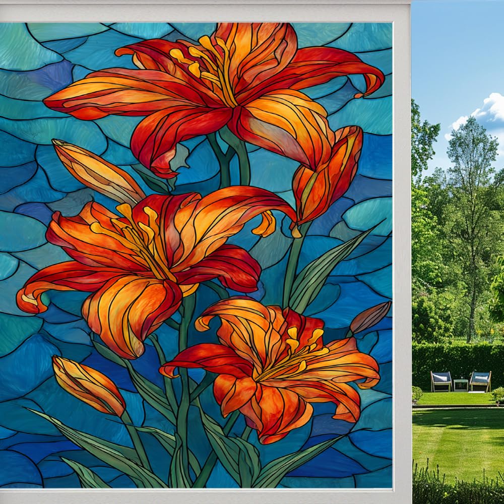 Pmlbaous Abstract Flowers Frosted Window Film, Colorful Natural Lilies Stained Glass Privacy Film, Heat Insulation Self-Adhesive Vinyl For Bathroom Office, （80X140cm）