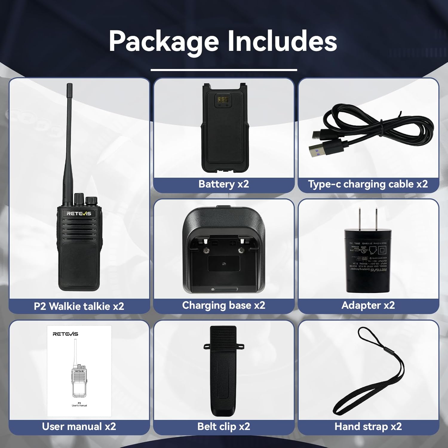 Contents of the Retevis P2 package, including two walkie-talkies, batteries, charging bases, cables, user manuals, belt clips, and hand straps.