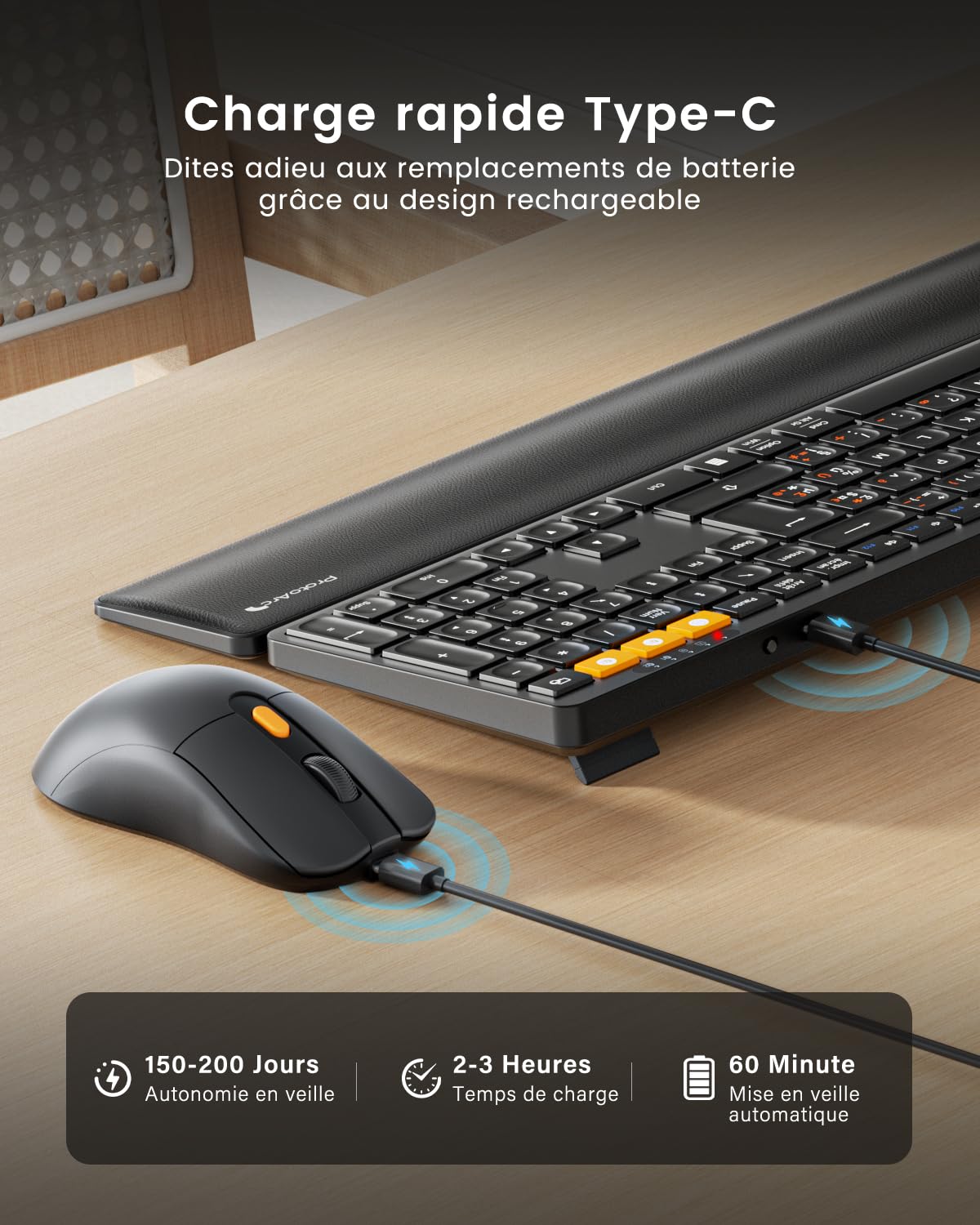 ProtoArc KM60 Pack Clavier Bluetooth Souris sans Fil, Rechargeable | avec Repose-Poignet, Pleine Taille, AZERTY Français, 2,4G + 2*Bluetooth, pour Portable, PC, Mac, Windows - Noir