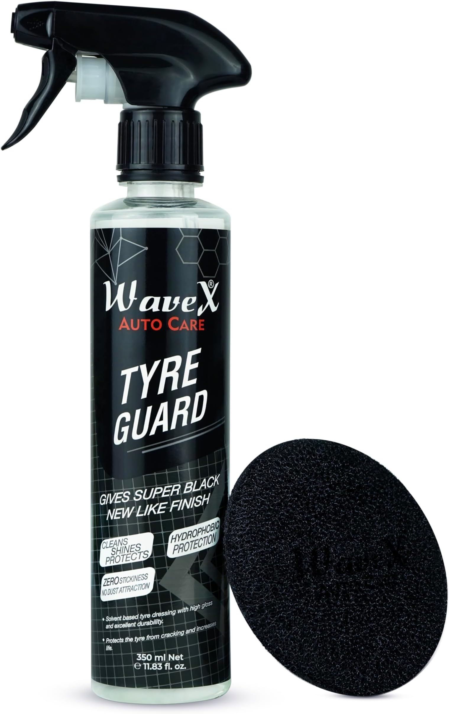 Wavex Tyre Polish for Car and Bike 350ml | With Black Foam Applicator | Gives Lustrous Dark, Long Lasting Super Black Shine - Non-Greasy, Super Hydrophobic