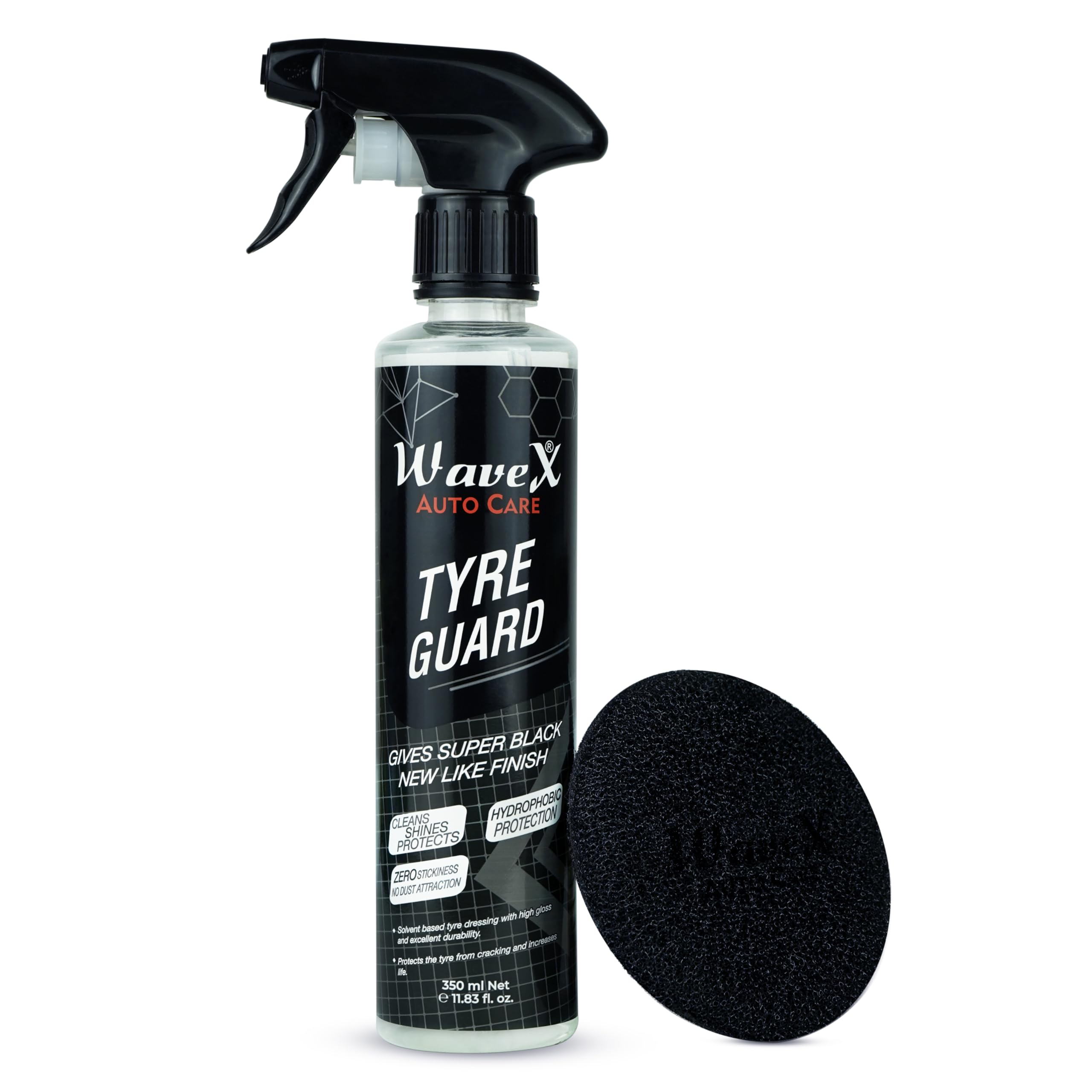 Wavex Tyre Polish for Car and Bike 350ml | With Black Foam Applicator | Gives Lustrous Dark, Long Lasting Super Black Shine - Non-Greasy, Super Hydrophobic