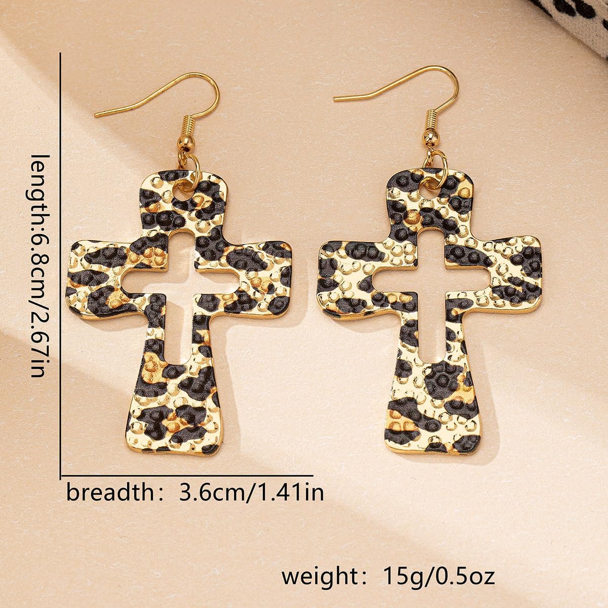 Leopard Print Hollow Plus Sign Dangle Earrings for Women Gold Tone Hook Statement Drops Lightweight Acrylic-Look Geometric Pattern Fashion Jewelry - Image 3