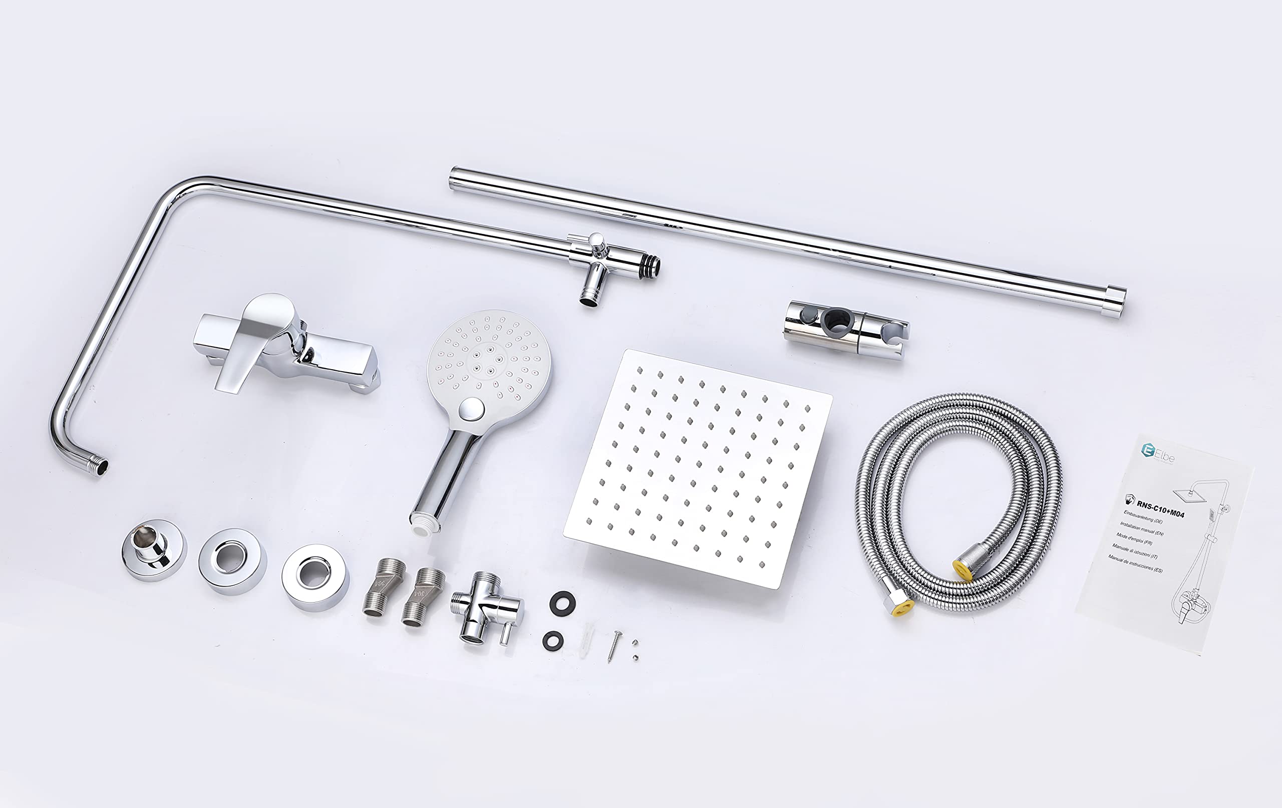 Elbe Sistema doccia inox 304 con miscelatore, doccia a pioggia, colonna doccia con raccordo doccia, soffione angolare 20x20cm, set doccia, cromato