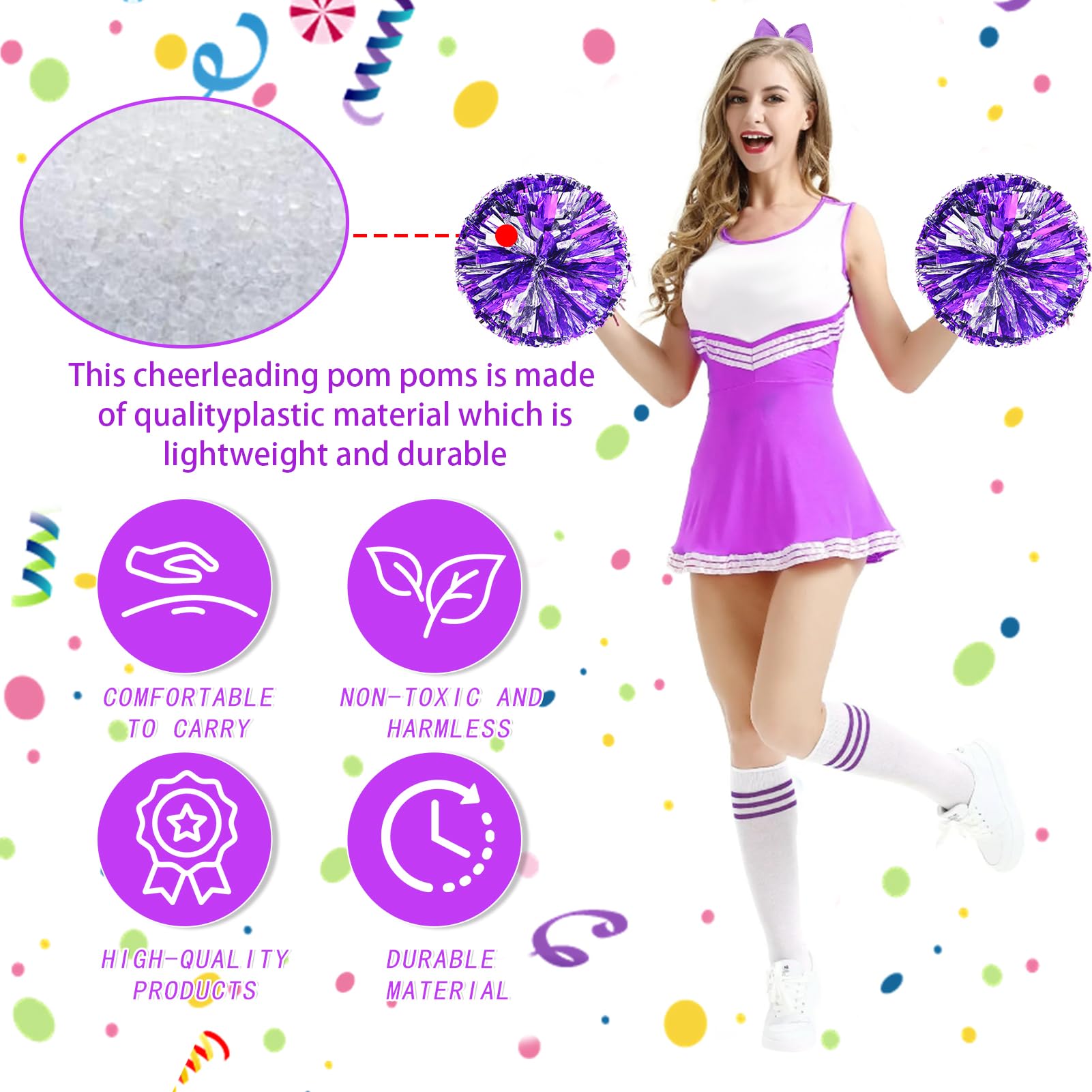 Pompones de Animadora Morado 3 Piezas Meanju para Deportes Fiestas