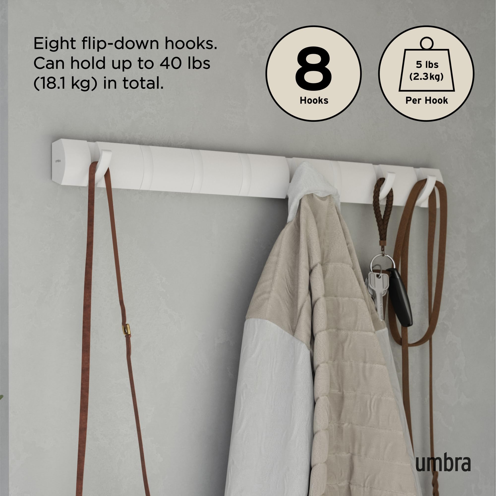 Umbra Flip Wandgarderobe aus Holz mit 8 Haken – Weiss/Weiss