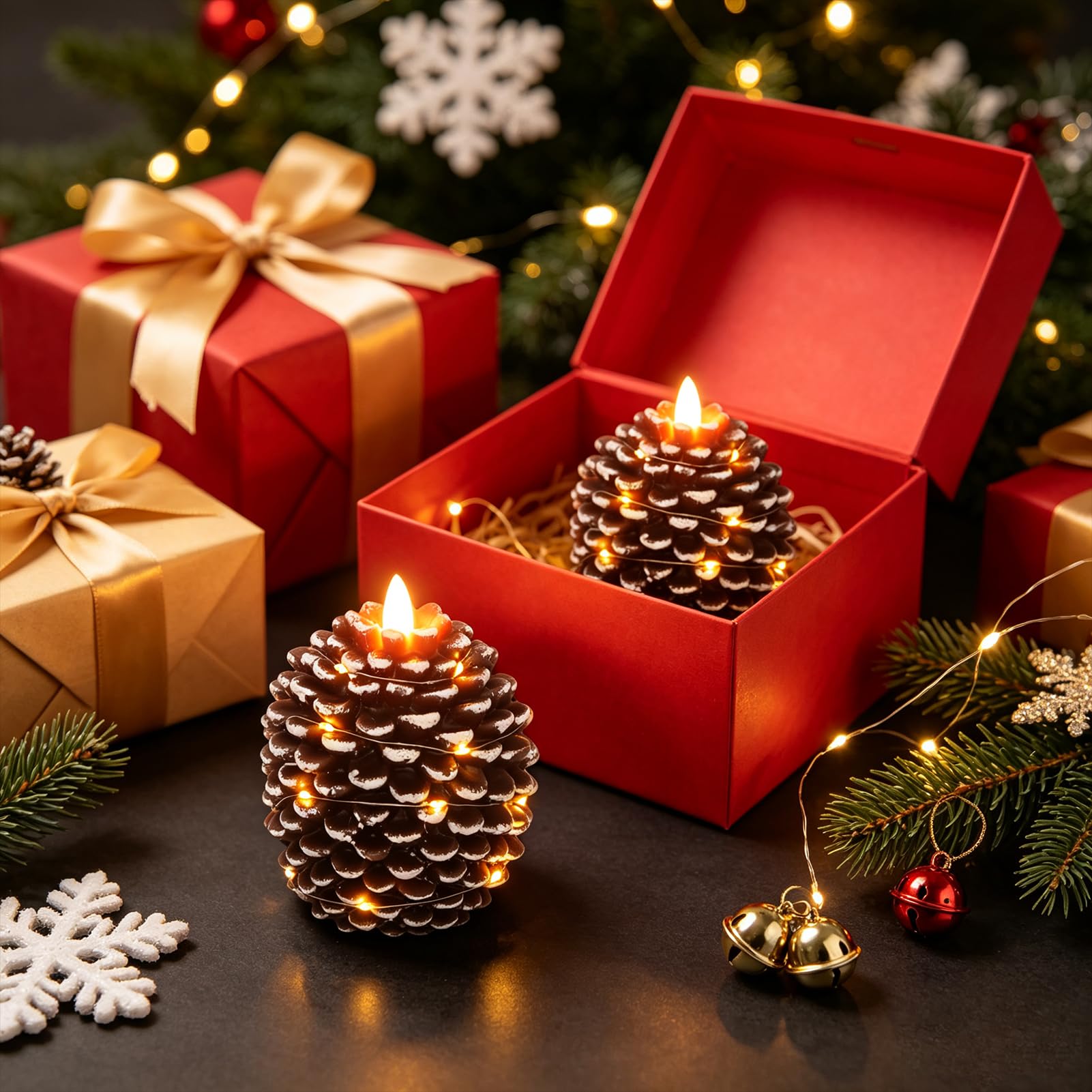 Wondise Velas sin llama de cono de pino con cadena de luces de temporizador