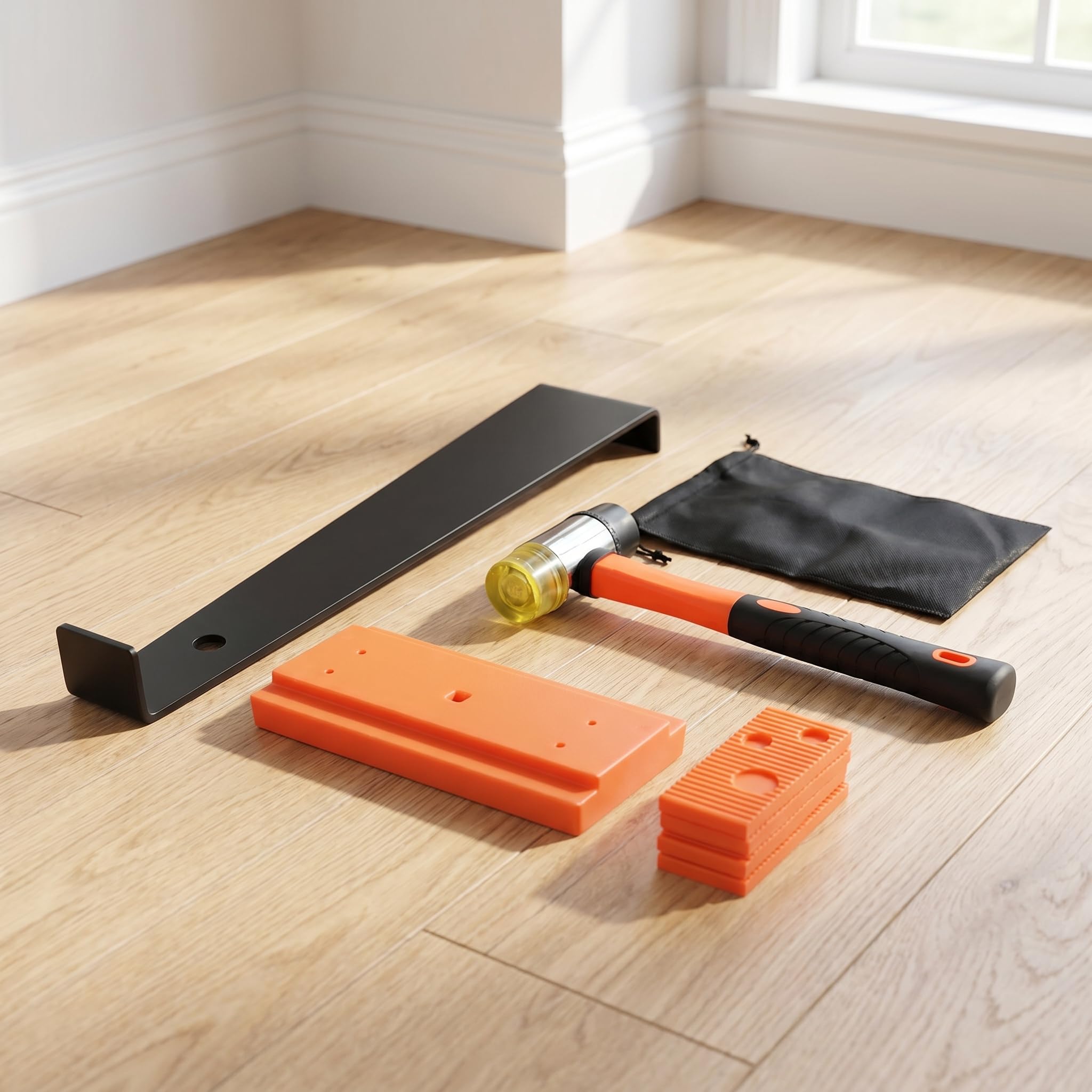 Kit de Instalación de Suelo Laminado, 64 PCS Herramientas para Piso Laminado con Martillo de Goma, Palanca, 60 Cuñas Separadoras, Bloque de Impacto y Bolsa, Kits Colocación de Suelo Laminado
