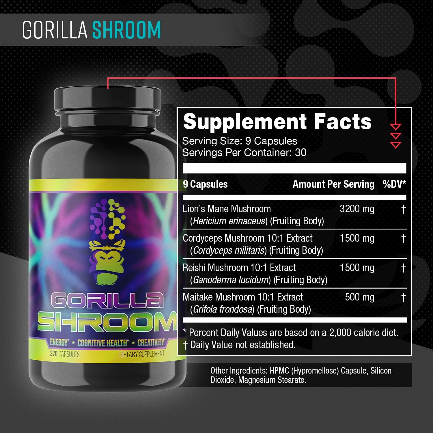 Gorilla Mind Shroom Nootropic Mushroom Supplement (6700mg) - 270 Capsules/Includes Lions Mane, Cordyceps, Reishi, Maitake/Increased Energy Immune Modulation, Enhanced Cognitive Functioning