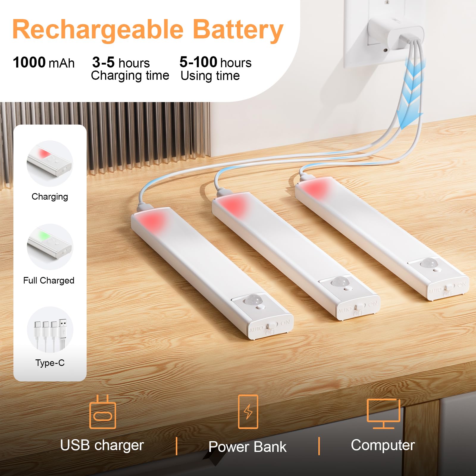 daphomeu 5 Pack Rechargeable Under Cupboard Kitchen Lights, Dimmable Cabinet Light Type-C Charging, LED Motion Sensor Lights Indoor, Magnetic Stick Wireless Light for Shelf Stairs Wardrobe Closet — view 6