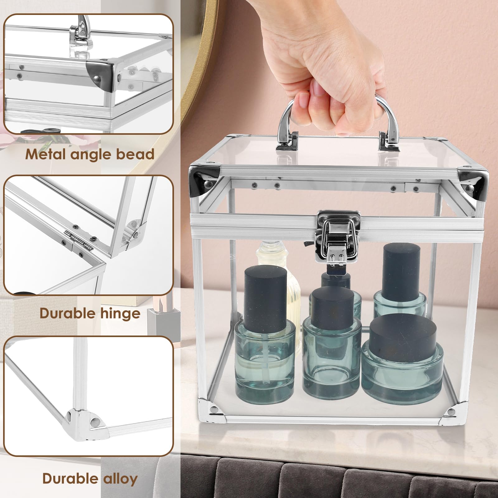 Przezroczysta kosmetyczka 20x17x19 cm, przezroczysty akrylowy organizer na kosmetyki z uchwytem, ​​przenośny schowek na kosmetyki do podróży i toaletki (srebrny)(Silver)