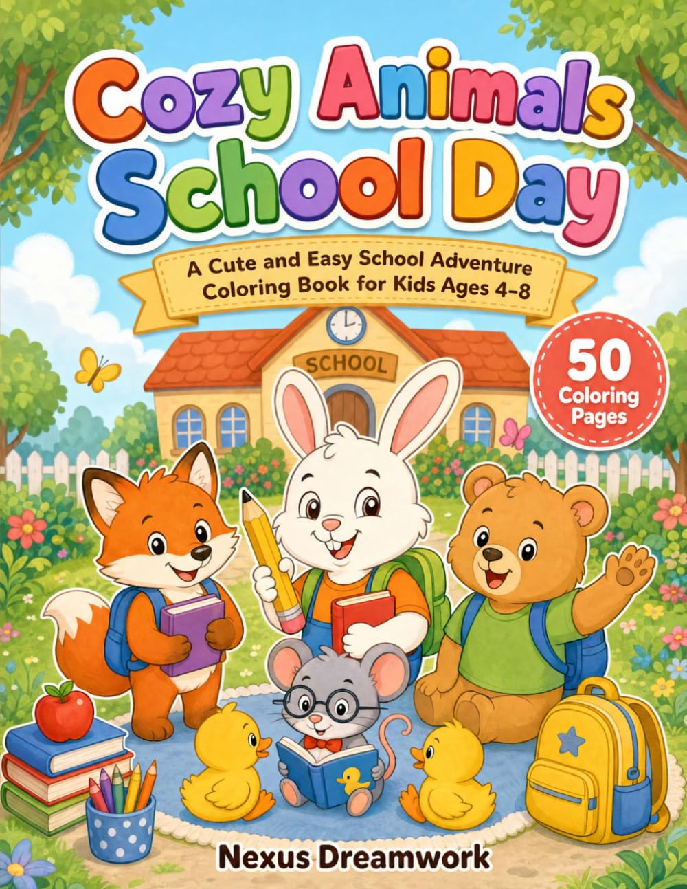 Cozy Animals School Day: A Cute and Easy School Adventure Coloring Book for Kids Ages 4–8