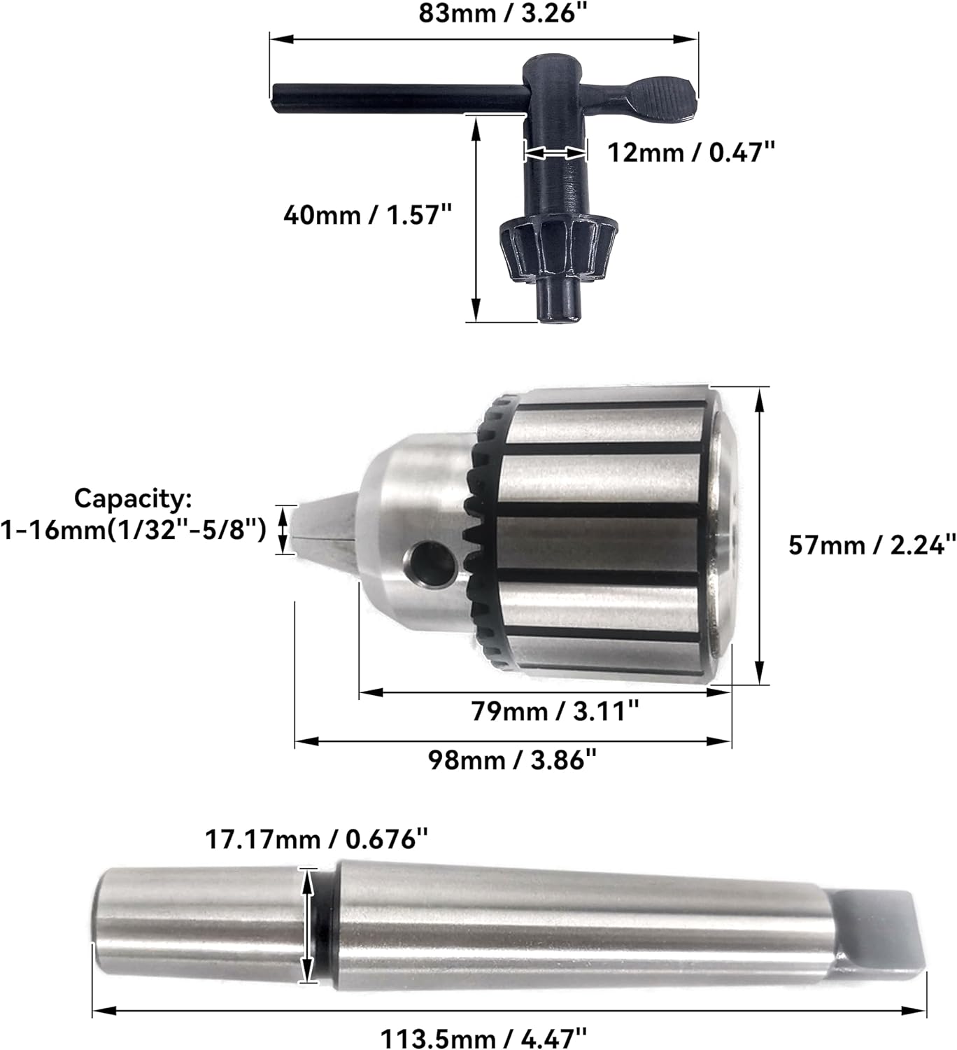 HFS(R) Drill Press Chuck with #2 Morse Taper Arbor and Chuck Key 3-Jaw for Lathes Drilling Machine 1/32"-5/8" (1-16mm)