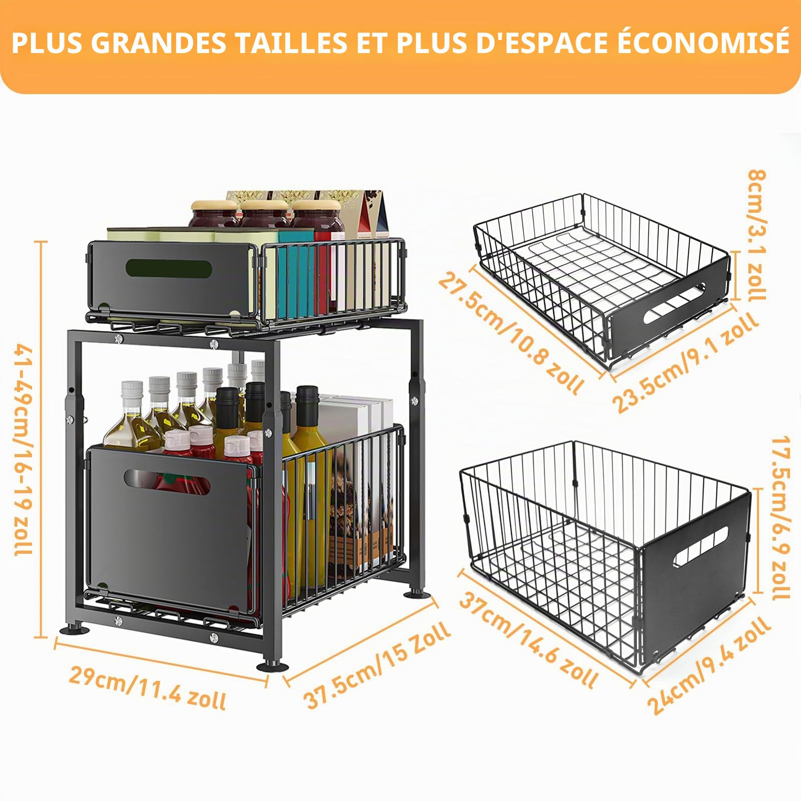 Rangement sous Évier en Métal à 2 Niveaux avec Tiroir de Rangement Coulissant Étagère sous Évier Organiseur pour Cuisine et Salle de Bain Acier au Carbone Hauteur Réglable, Organiseur Coulissant