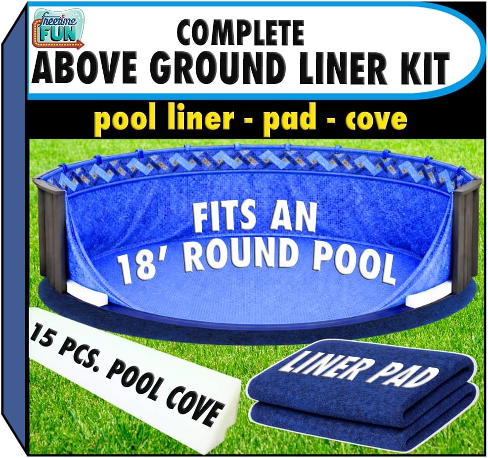 Freetime Fun Pool Liner, Liner Pad, & 15 Piece Pool Cove Above Ground Pool 18' Round 52" Deep Heavy Duty 20 MIL - Complete Above Ground Pool Liner Kit. (18' Round)