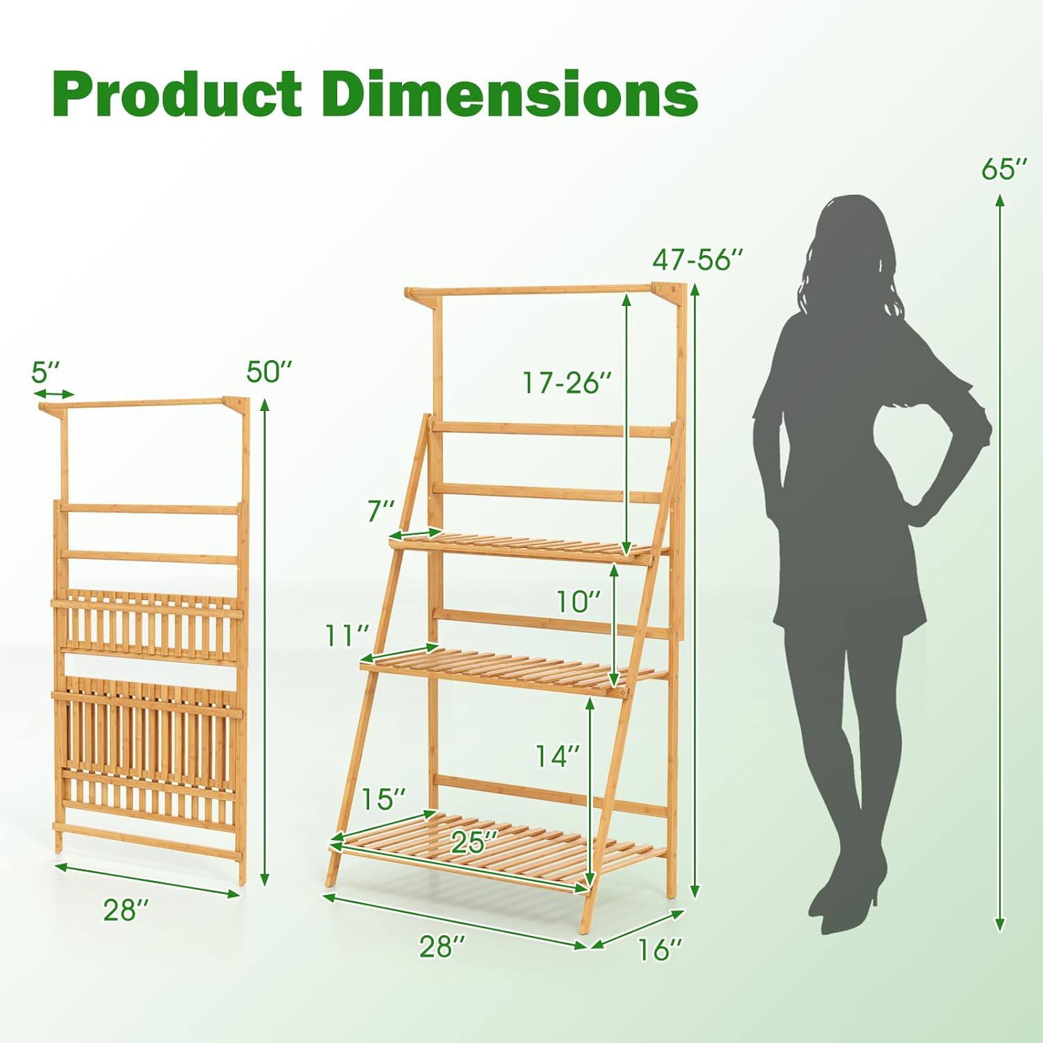 Giantex Plant Stand Indoor Outdoor - Bamboo 3-Tier Hanging Tall Ladder Flower Pot Display Organizer Rack w/Height Adjustable Rod, Folding Plant Shelf Holder for Living Room Corner Patio Garden Balcony