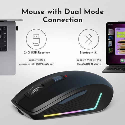 Miniatura 2 de Ratón inalámbrico, mouse de computadora con retroiluminación RGB, mouse silencioso recargable de 2.4GBT5.1, mouse óptico USB para oficina en casa,