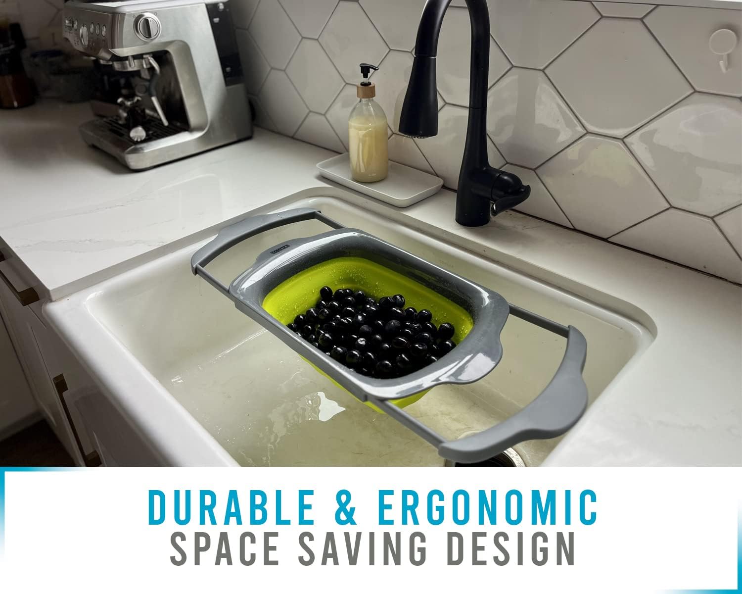 Comfify Collapsible-Green & Grey-Over The Sink Colander with Handles-Folding Strainer for Kitchen 6-Quart Capacity, Green/Grey