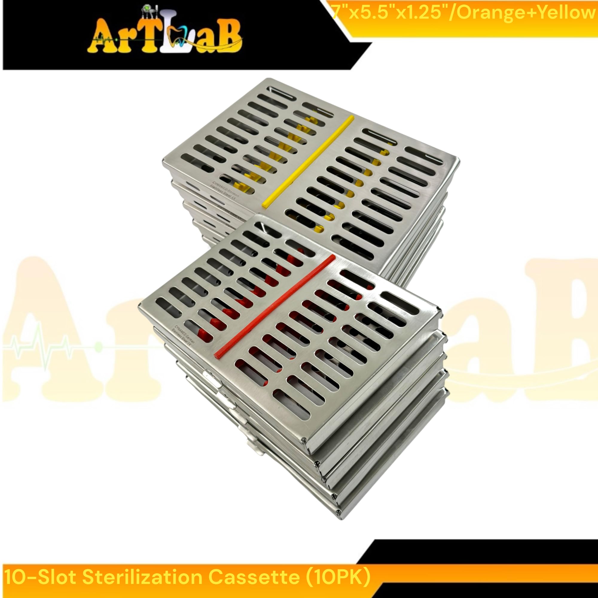 Lot of 10 Sterilization Cassette Boxes 7in x 5.5in x 1.25in, with 10-Slot Silicone Inserts, Orange + Yellow - Heavy Duty German Stainless Steel