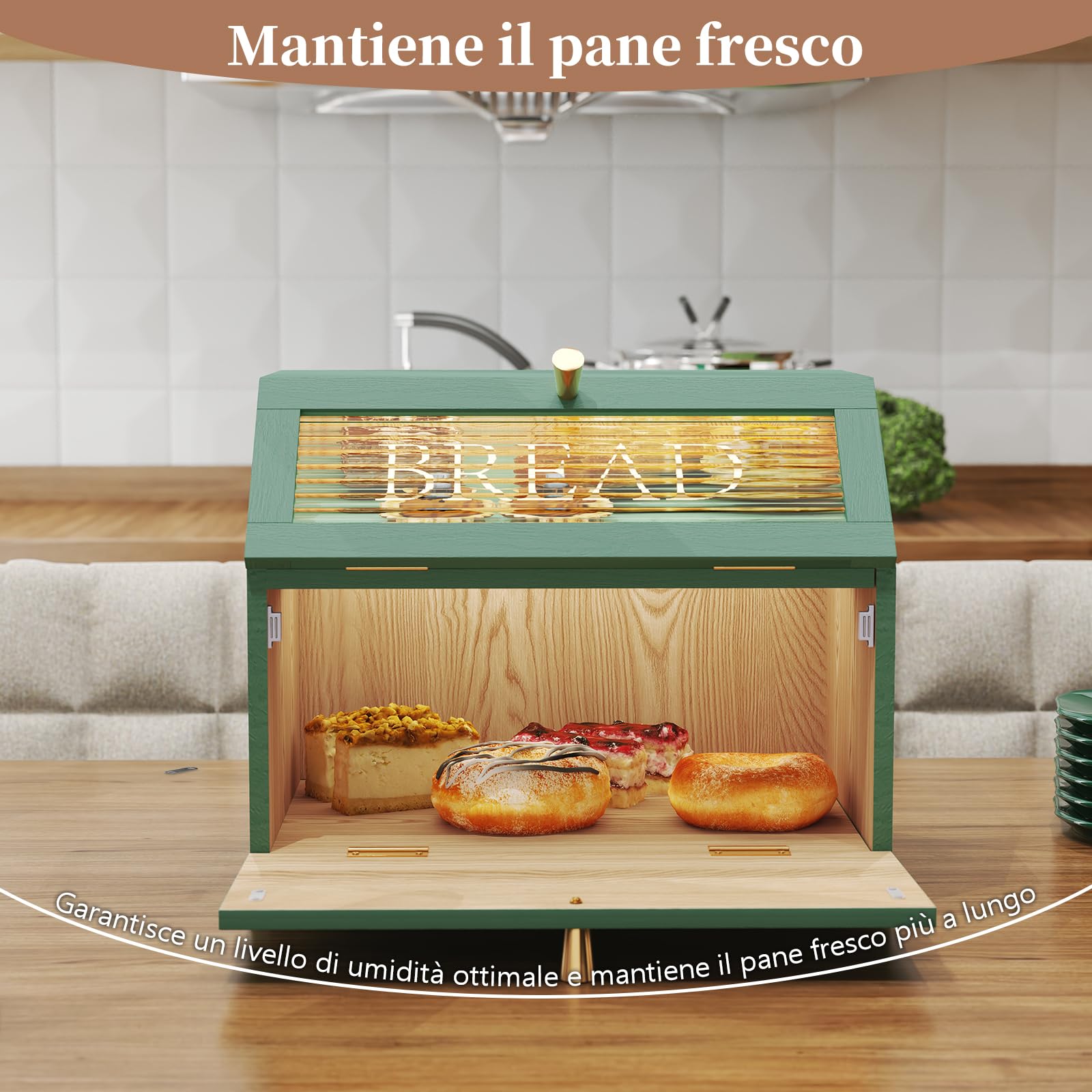 Portapane Legno a 2 Livelli con Finestra Trasparente, Portapane Moderno da Cucina con Ampio Spazio di Archiviazione, Porta Pane da Cucina per Pane, Snack e Alimenti, Verde