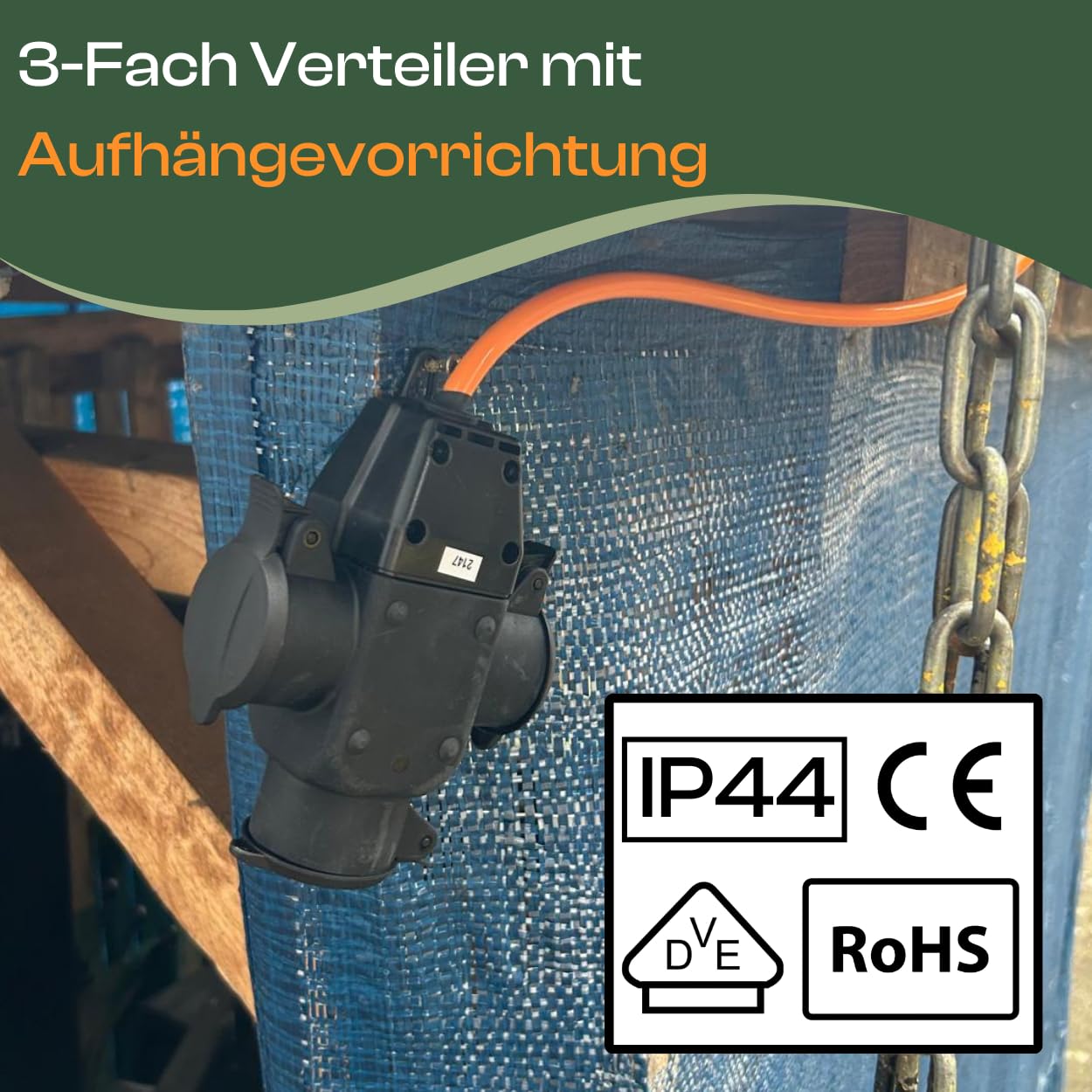 maxgo Verlängerungskabel 15m Außen 3Fach Verteiler Stromkabel Außenbereich Schuko Verlängerung 15 Meter Outdoor Kabel Steckdosenleiste 3-Fach Mehrfachstecker Multisteckdose H07RN-F 3x1,5